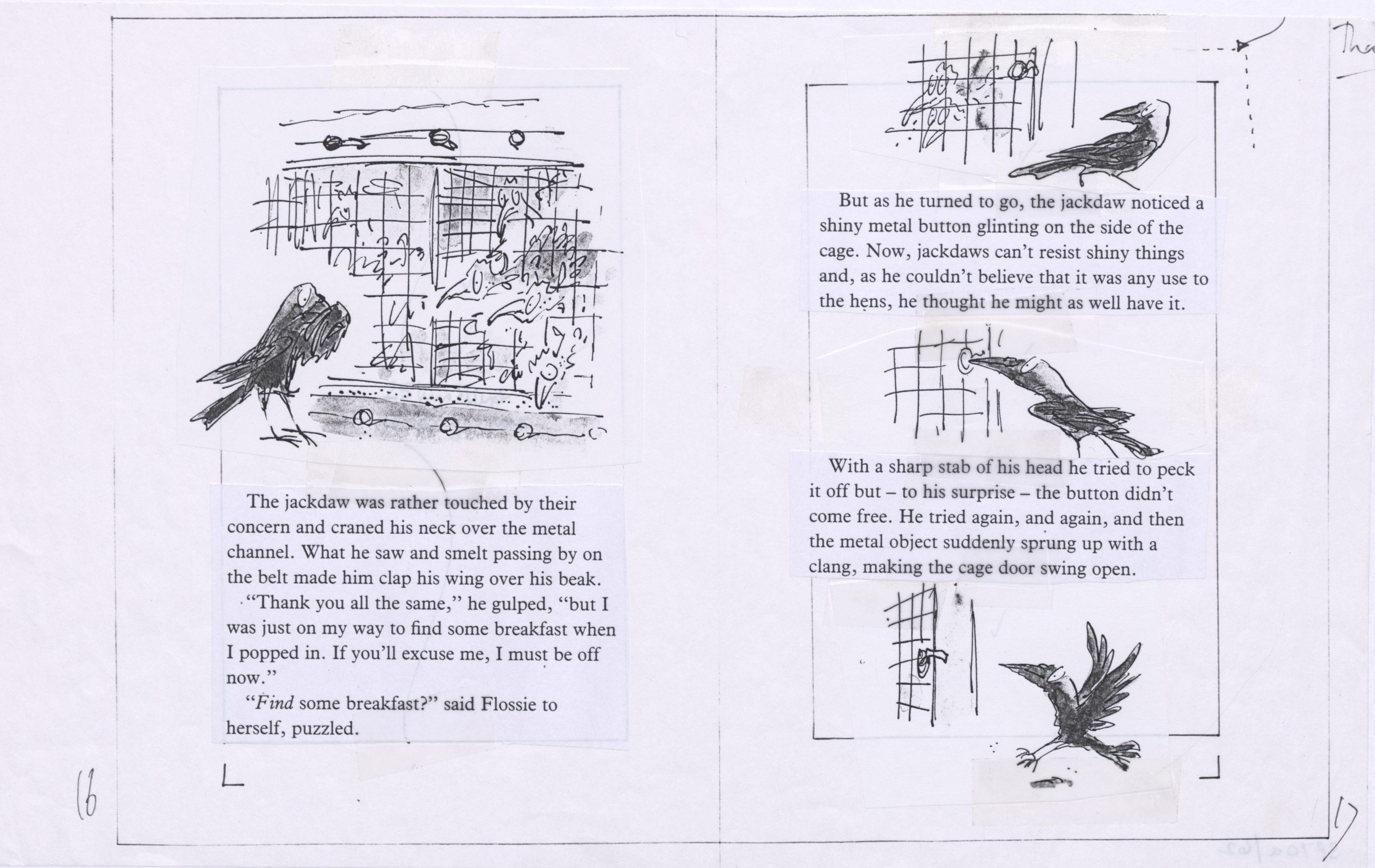 A double page spread layout of a book with black and white illustrations stuck down on the paper and typed text stuck down on the paper.