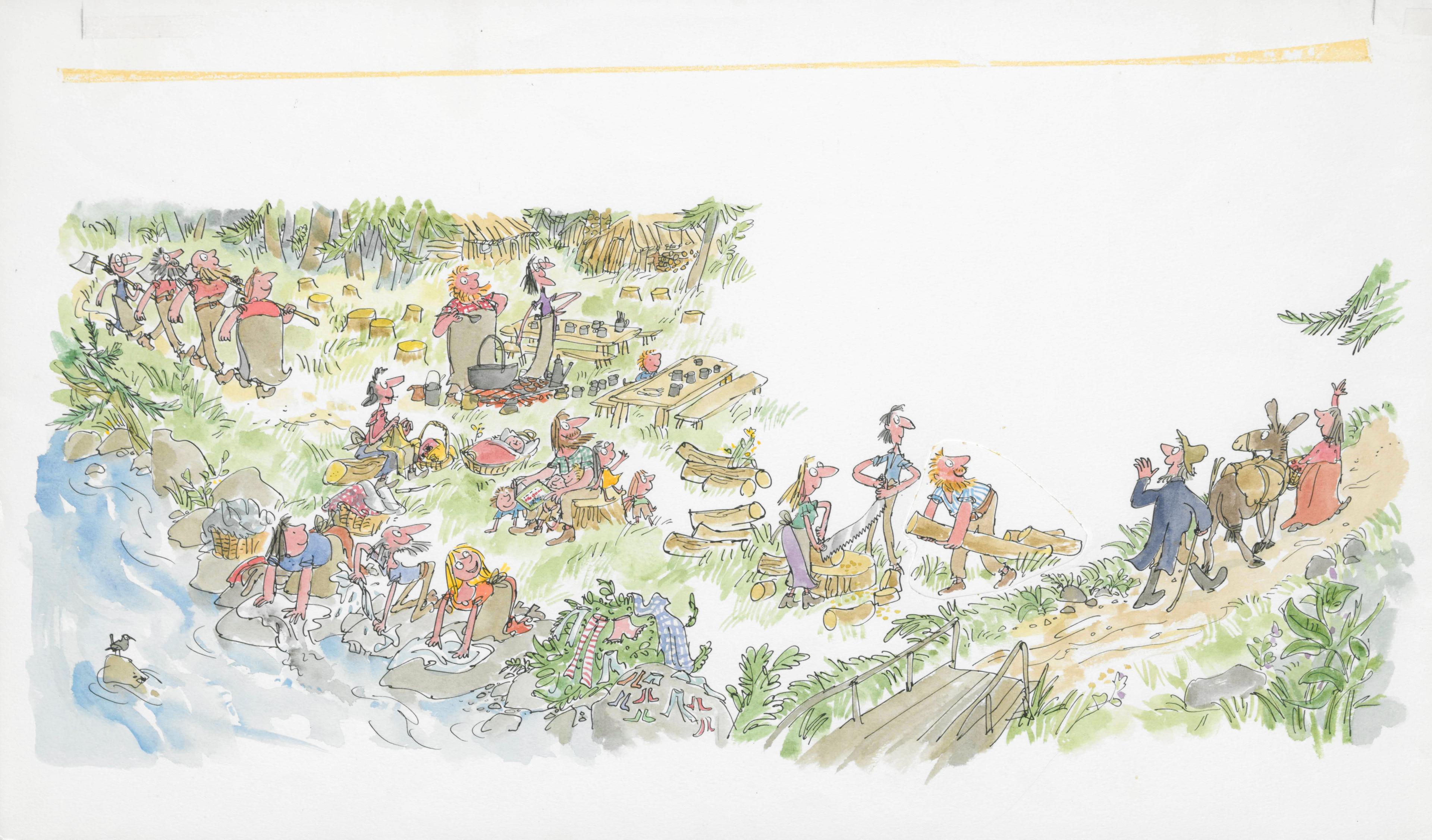 Illustration of people living next to a river, they are all doing various activities including three people washing their clothes in the river, three people logging, two people cooking and a line of people walking with tools in their hands.