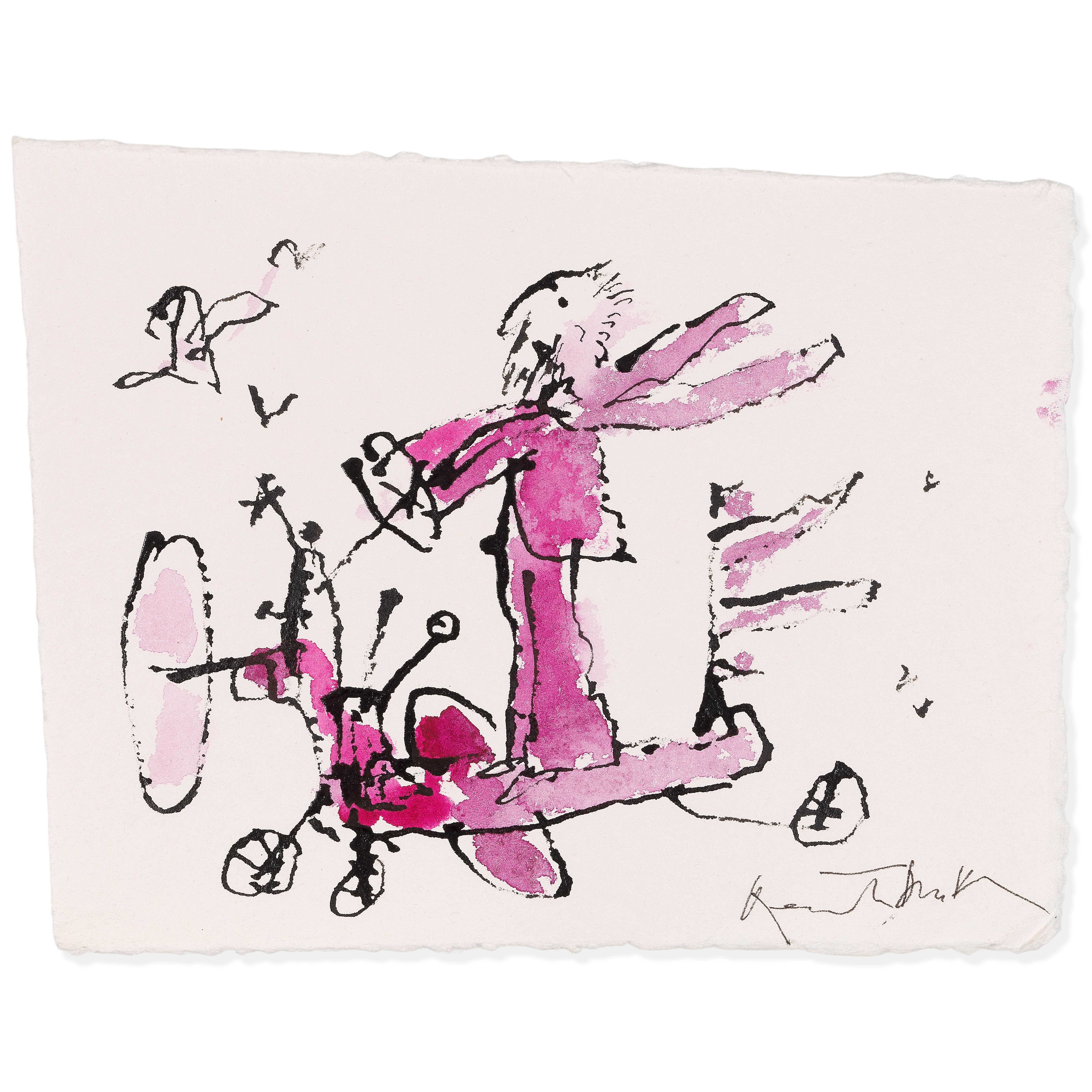 A man stands a top of a flying contraption