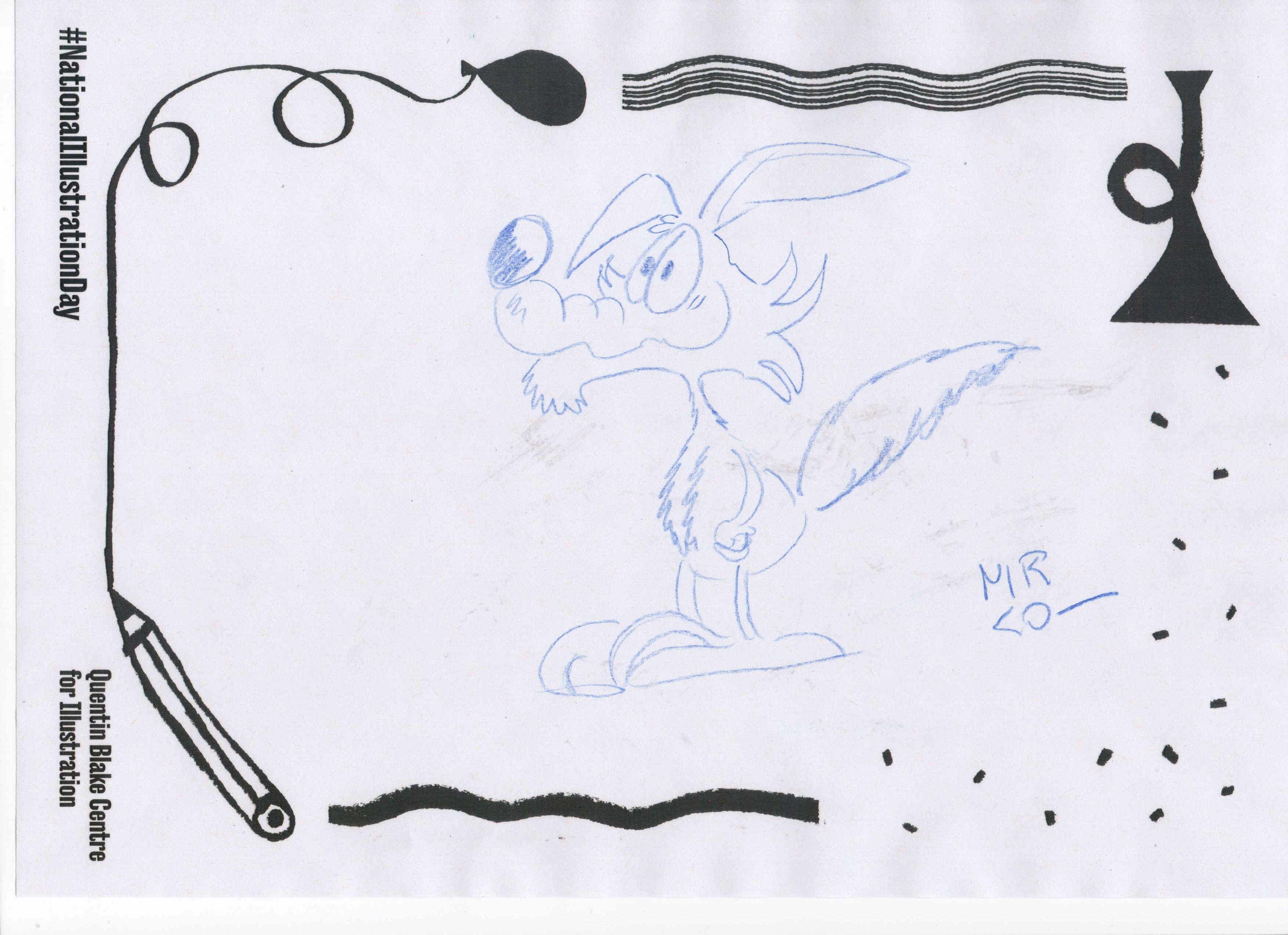 A blue pencil drawing of a cartoon cayote.