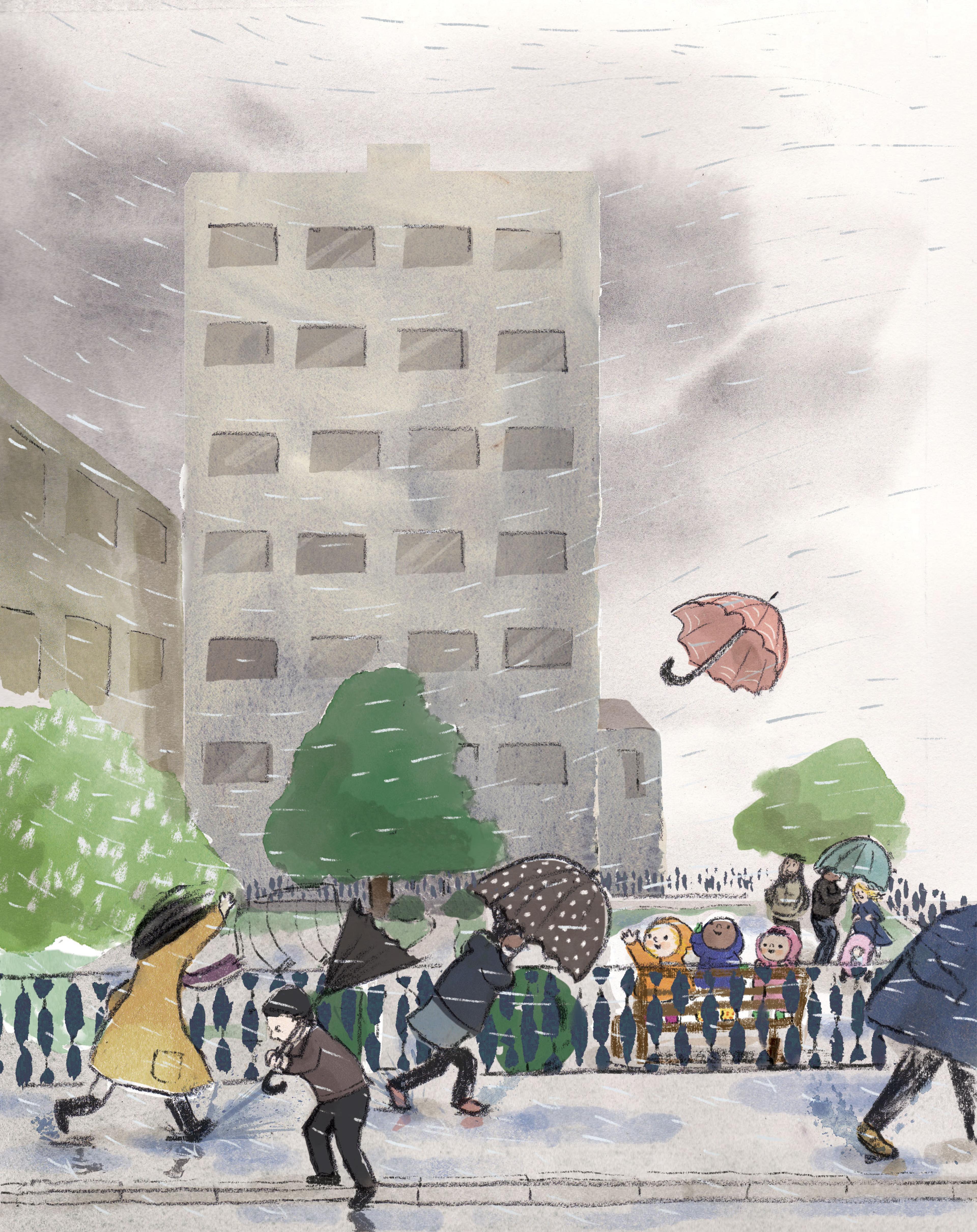 Illustration of people outside on a very windy day. Umbrella has flown off and turned inside out. Behind a fence there are a group of smiling children enjoying the weather.