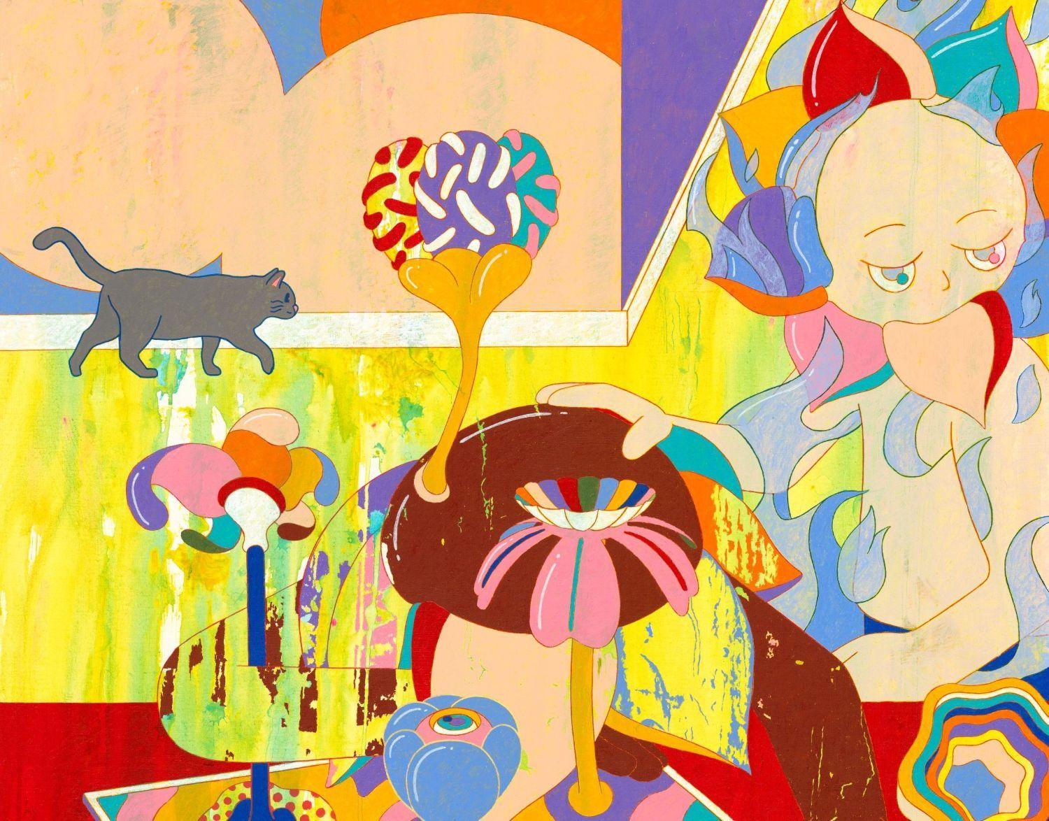 A vibrant, surreal artwork featuring abstract shapes, colourful floral elements, a lounging cat, and an ethereal figure, conveying a dream-like atmosphere.
