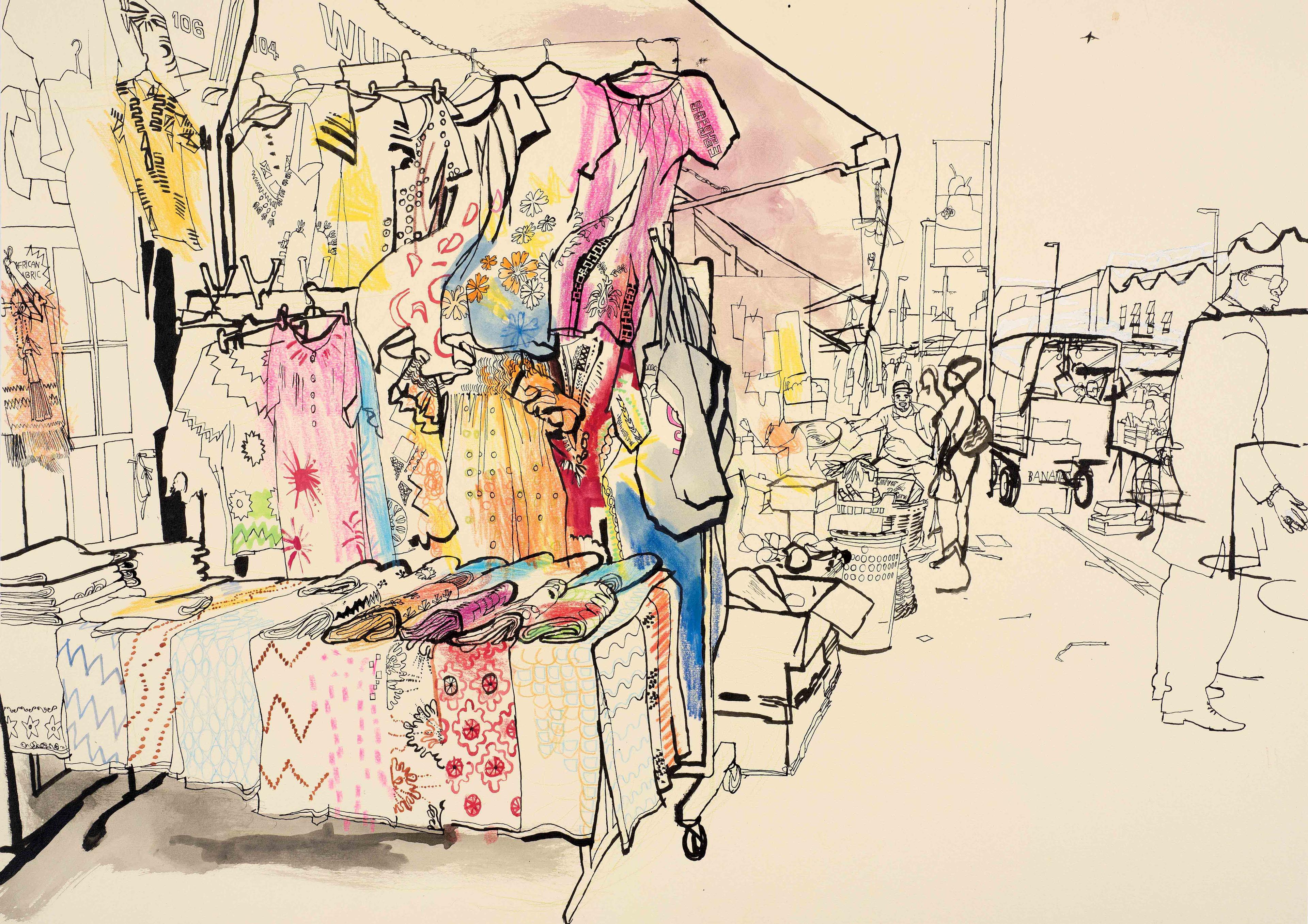 Illustration of an outdoor market, clothes and folded fabric is on display on the nearest stall.