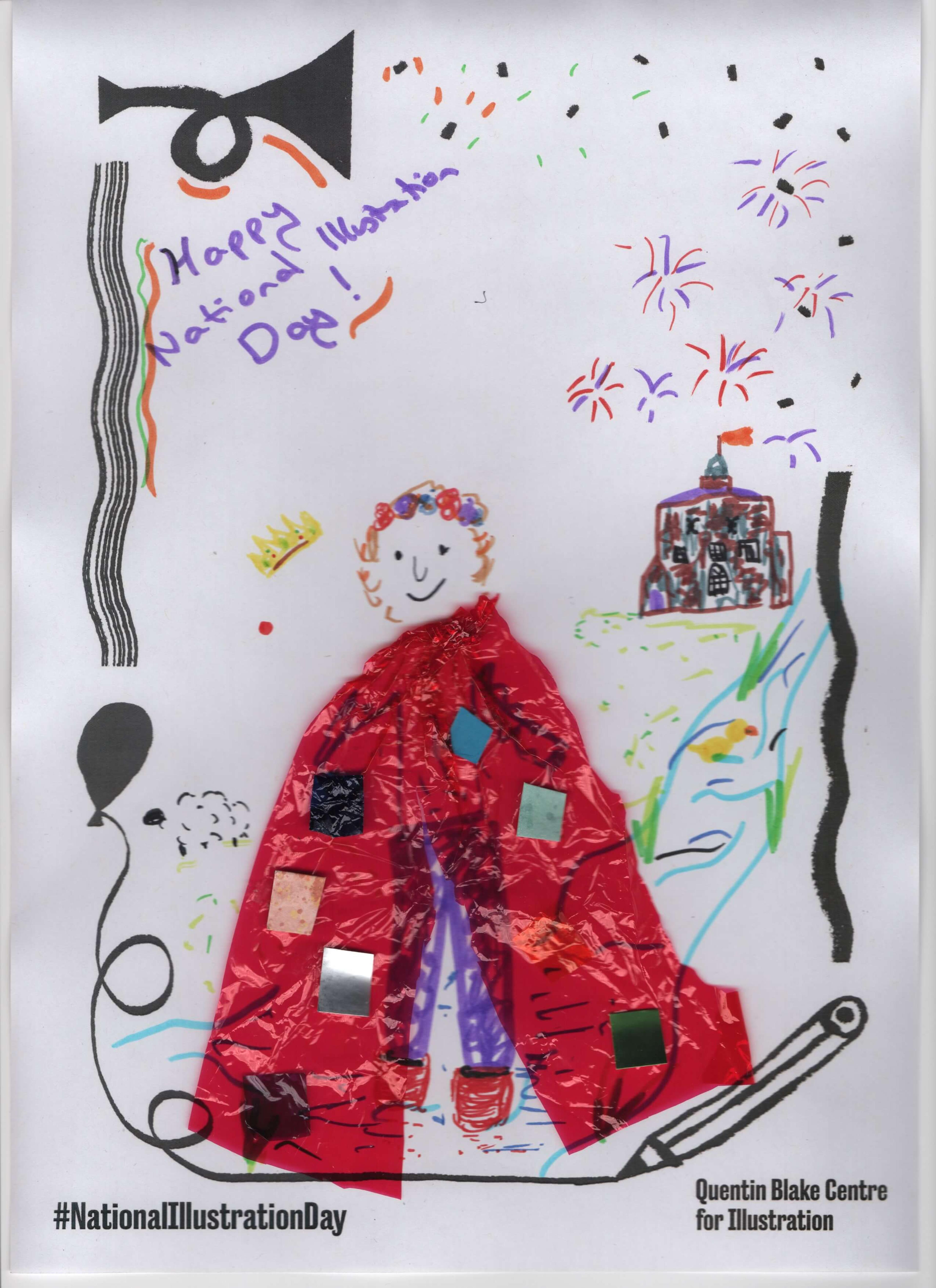 Mixed media drawing of a smiling child wearing a red cape, with a building visible in the distance. The picture includes the words "Happy National Illustration Day!".
