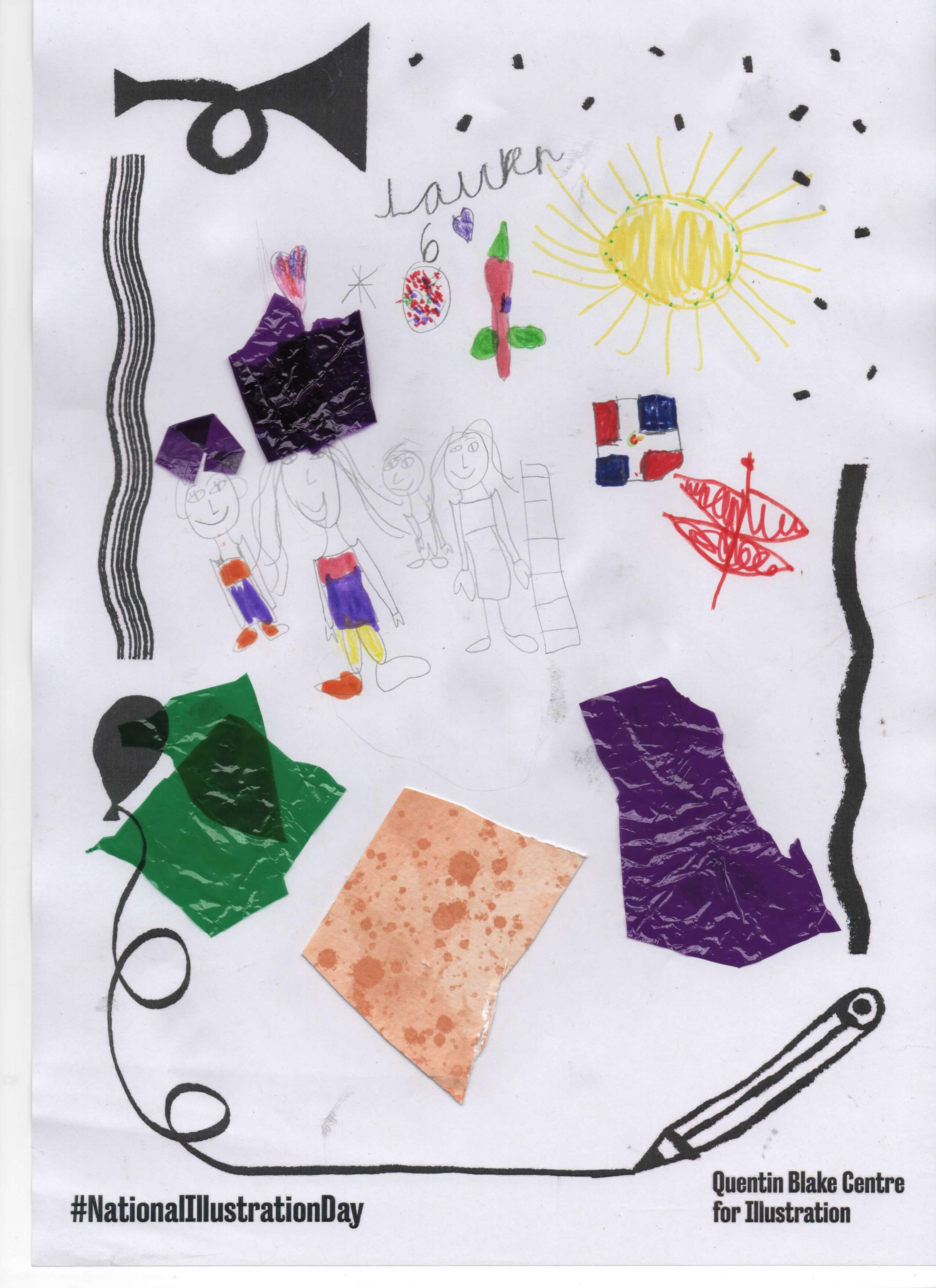 A young child's drawing of a smiling group of people under a bright yellow sun, with collaged blocks of paper.