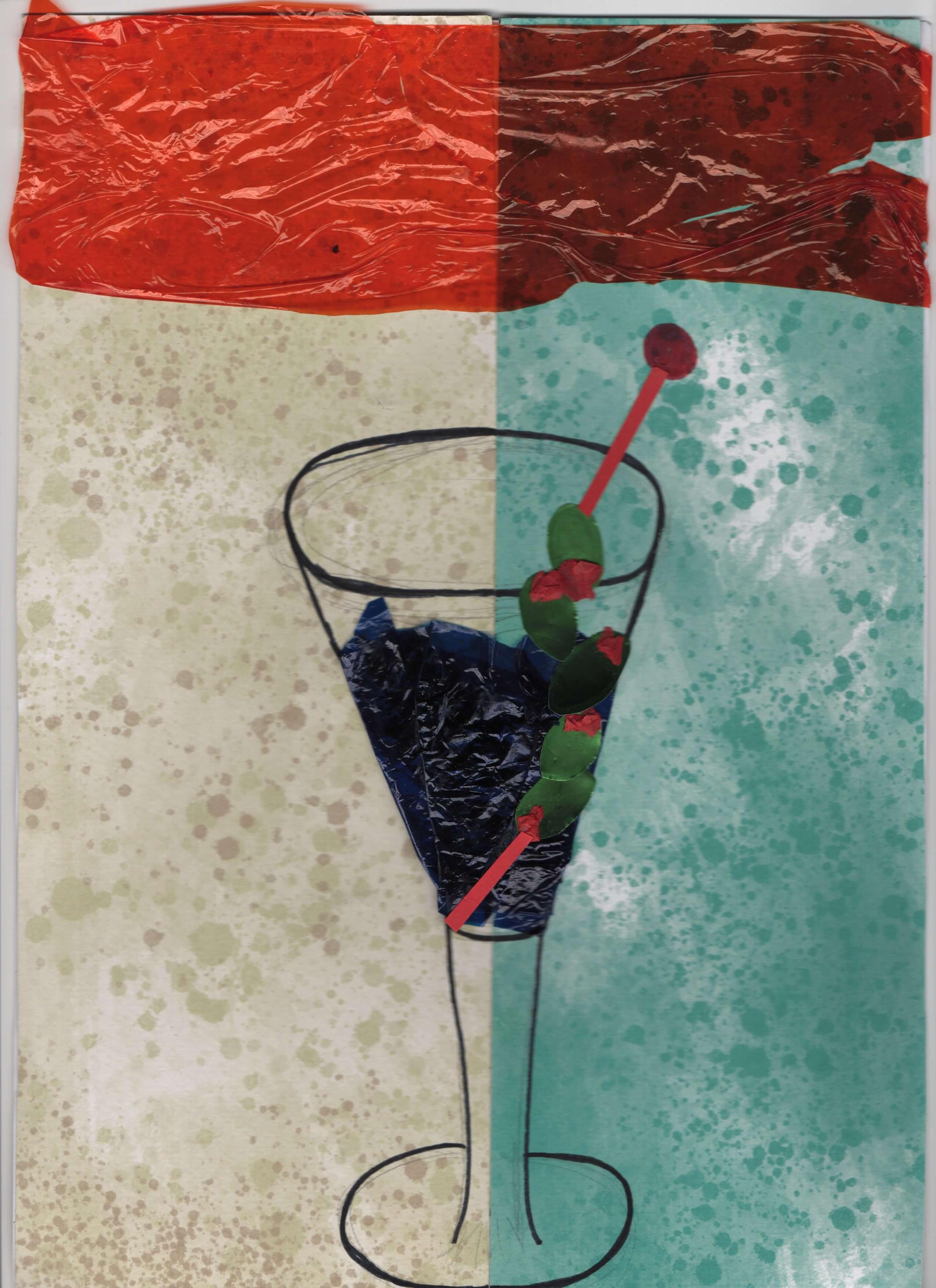 An olive martini drawn against a textured collage paper backdrop.