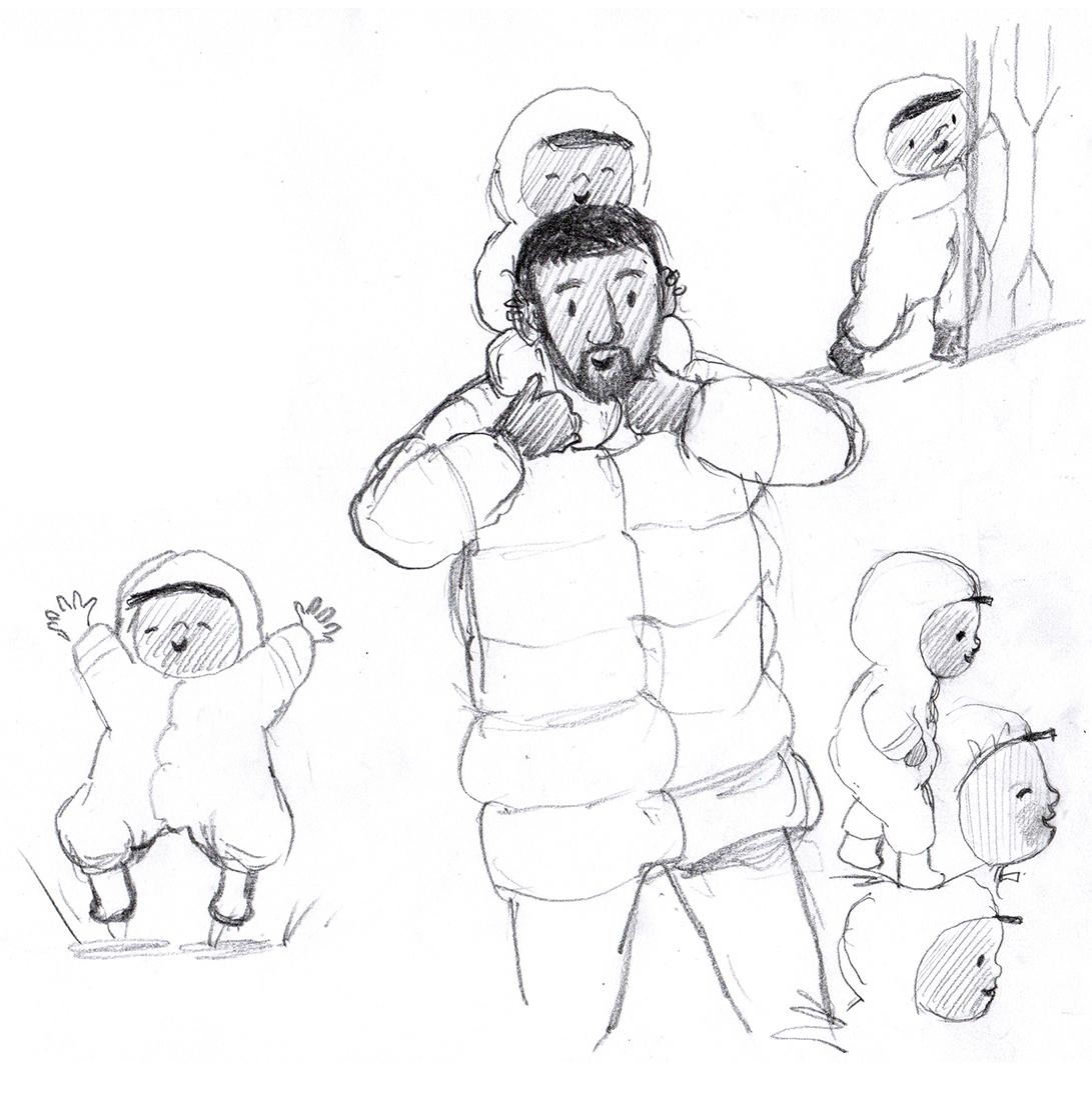 Pencil illustration of an adult in the middle with a toddler on their shoulders, around them are other pencil illustrations of the toddler.