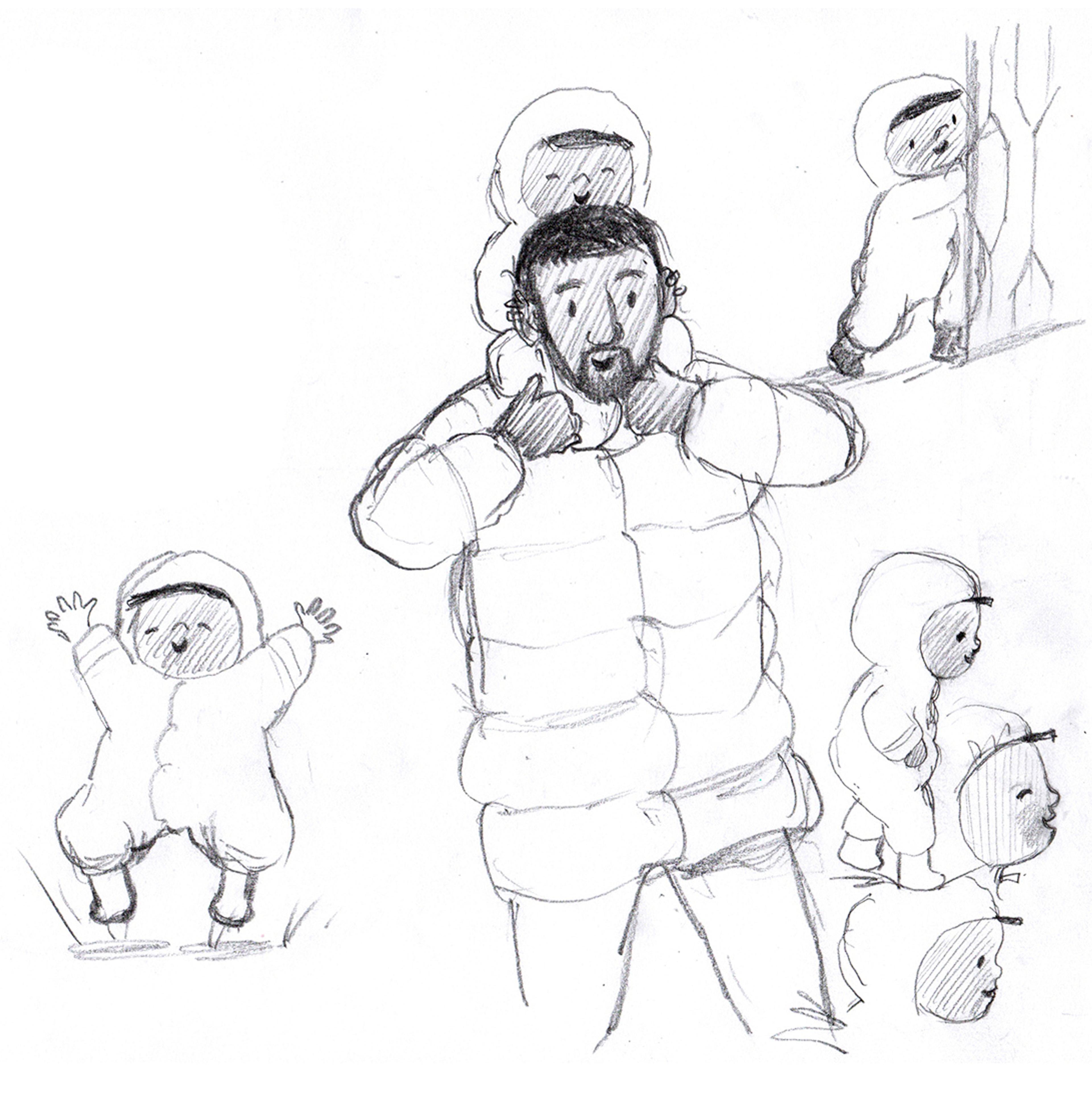 Pencil illustration of an adult in the middle with a toddler on their shoulders, around them are other pencil illustrations of the toddler.