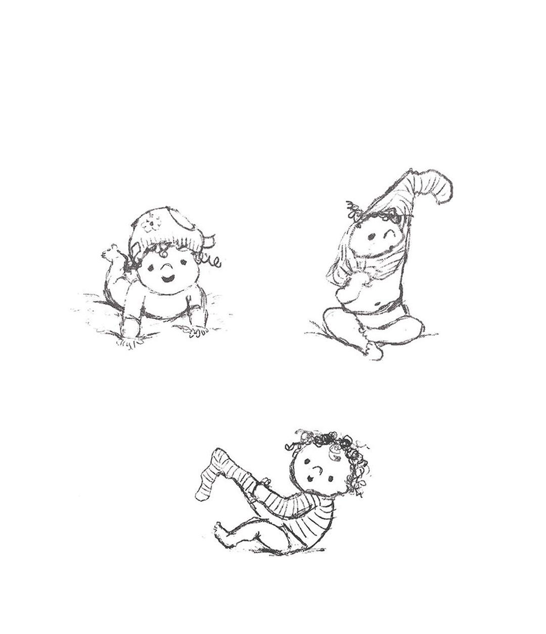 Three black and white pencil sketches of babies in different poses on a white background.