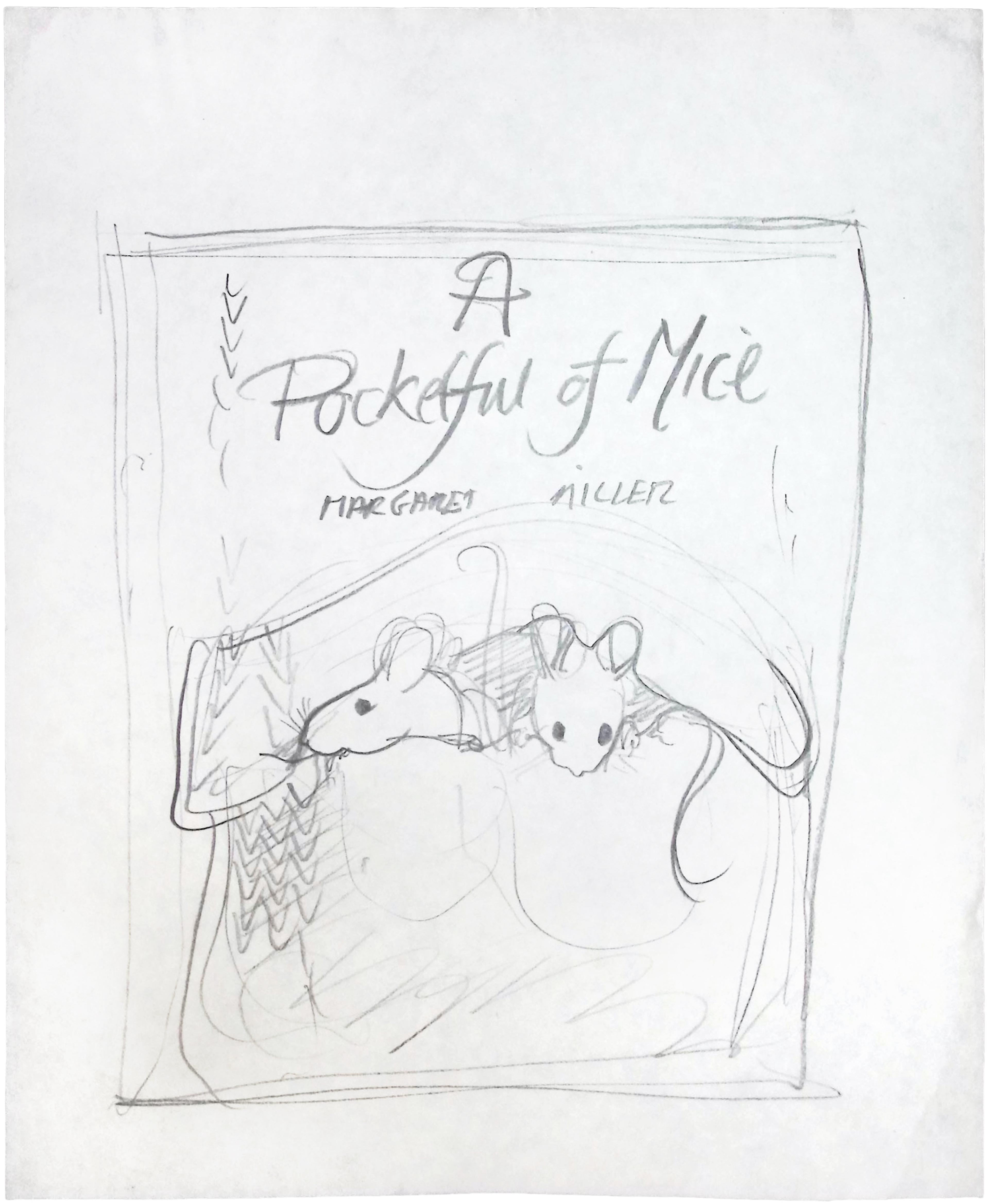 Black and white composition sketch of two mice in a pocket with book title written above