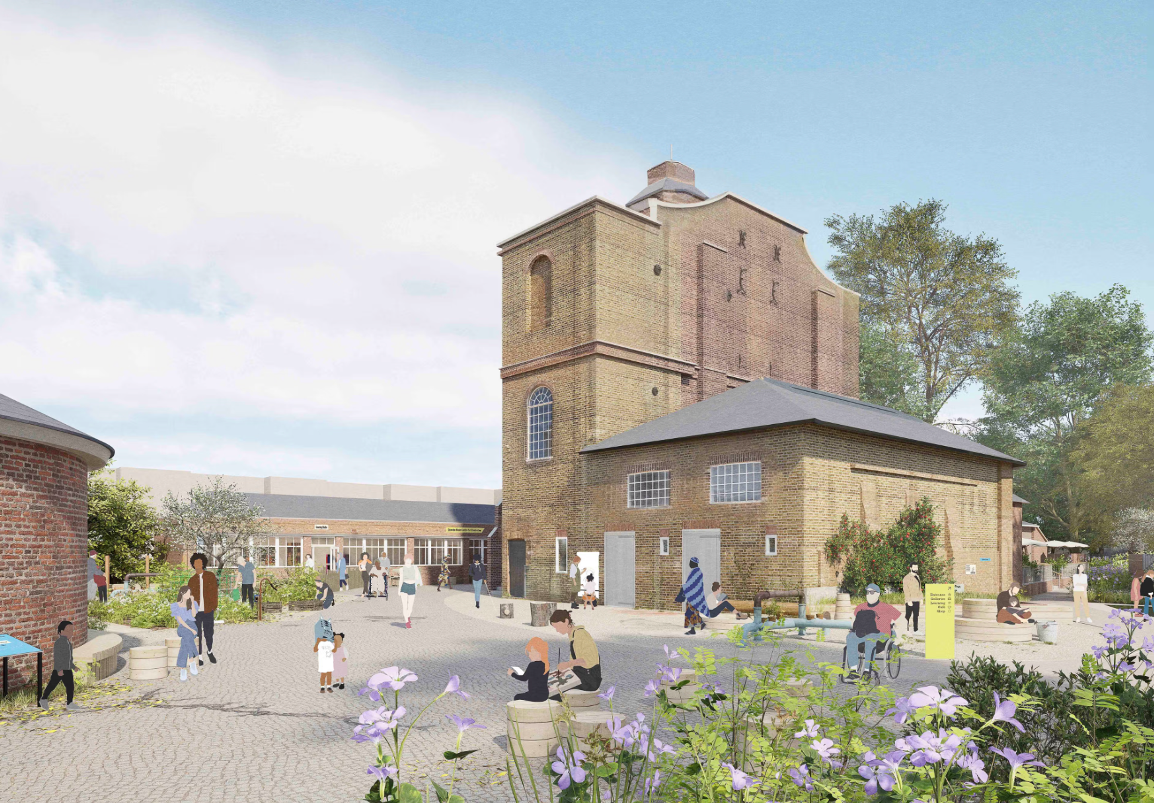 An illustration of a large brick building, surrounded by cobbled paths. People are sitting, walking and moving around the site. Some are drawing and reading. There are plants in the foreground and landscaped gardens. There is a round building on the left hand side and a one floor story building at the back of the image.