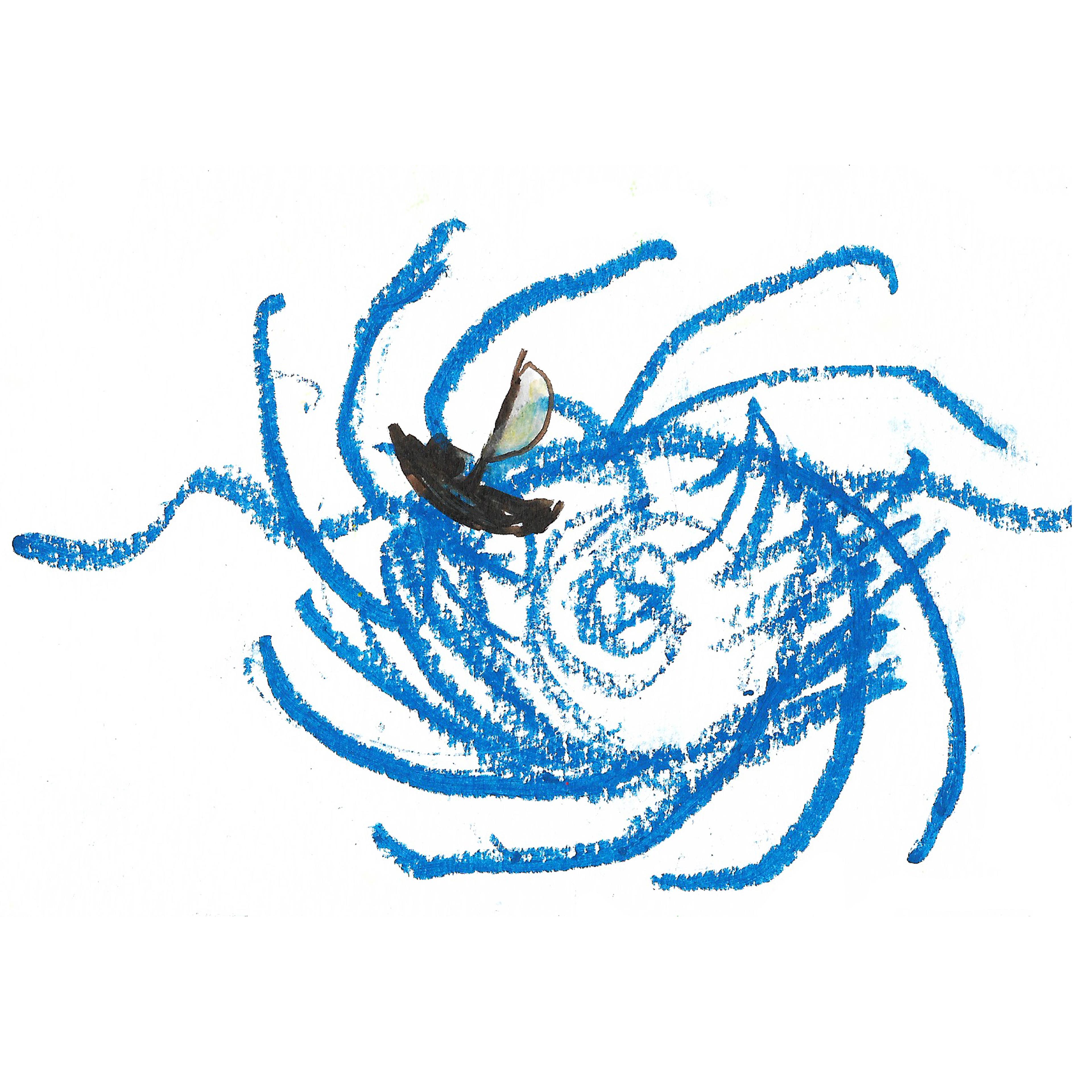 A story tile with a textured illustration of a boat sailing into a blue vortex, rendered using oil pastels