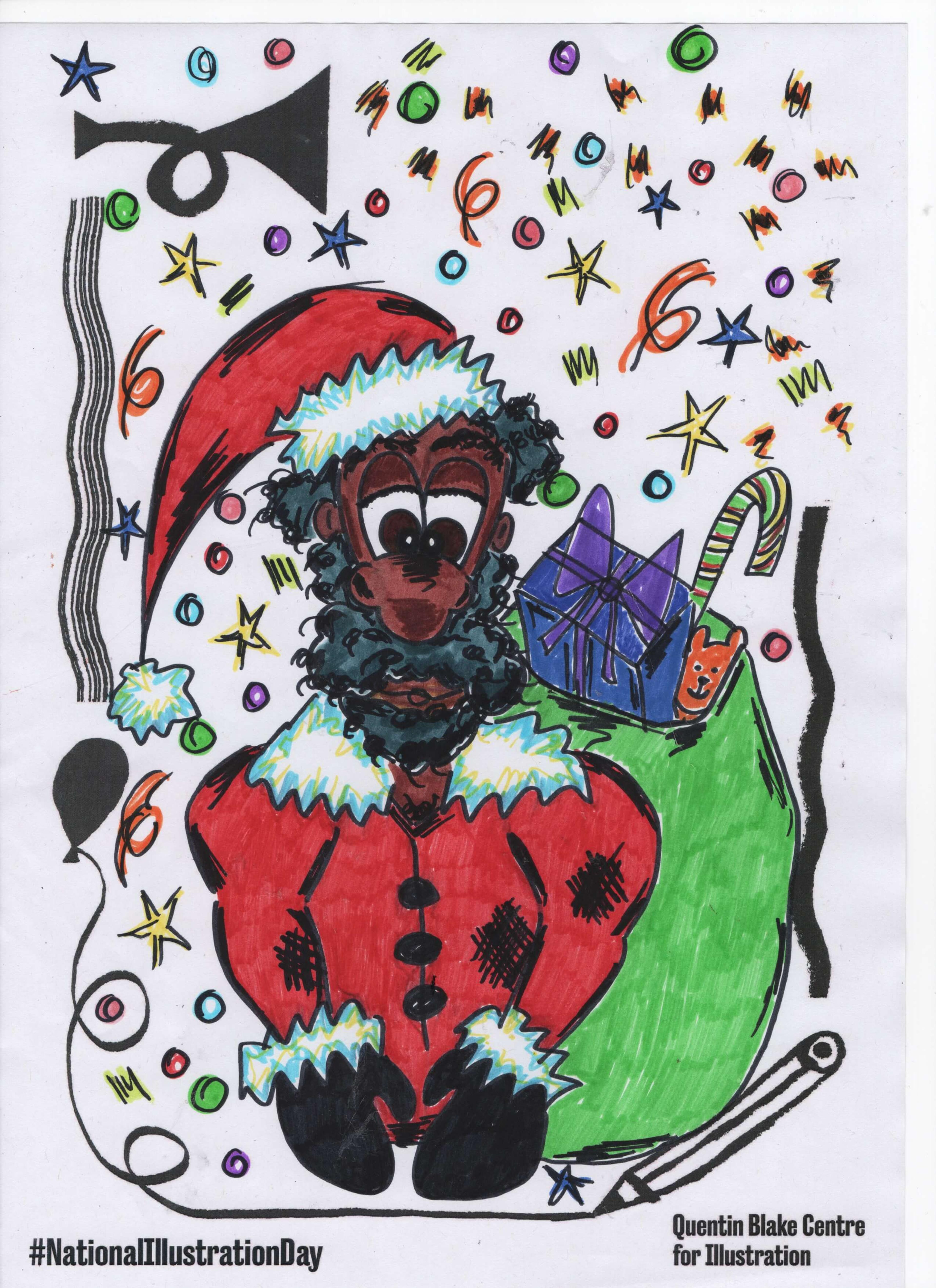 Cartoon of Santa Clause with confetti falling all around. 