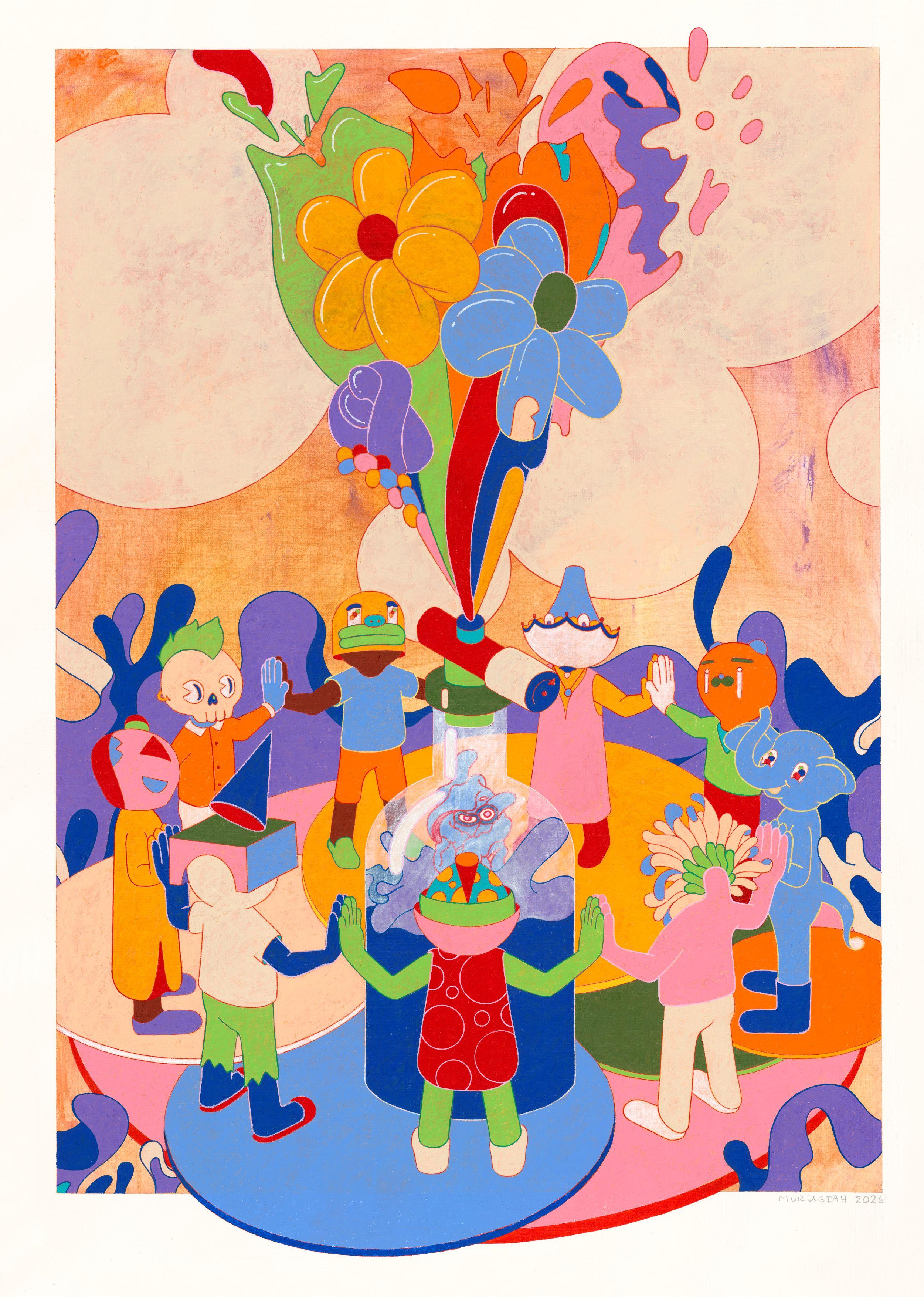 Colorful characters in vibrant outfits gather in a circle, their hands raised. Above them, large, whimsical flowers bloom. The scene is joyful and surreal.
