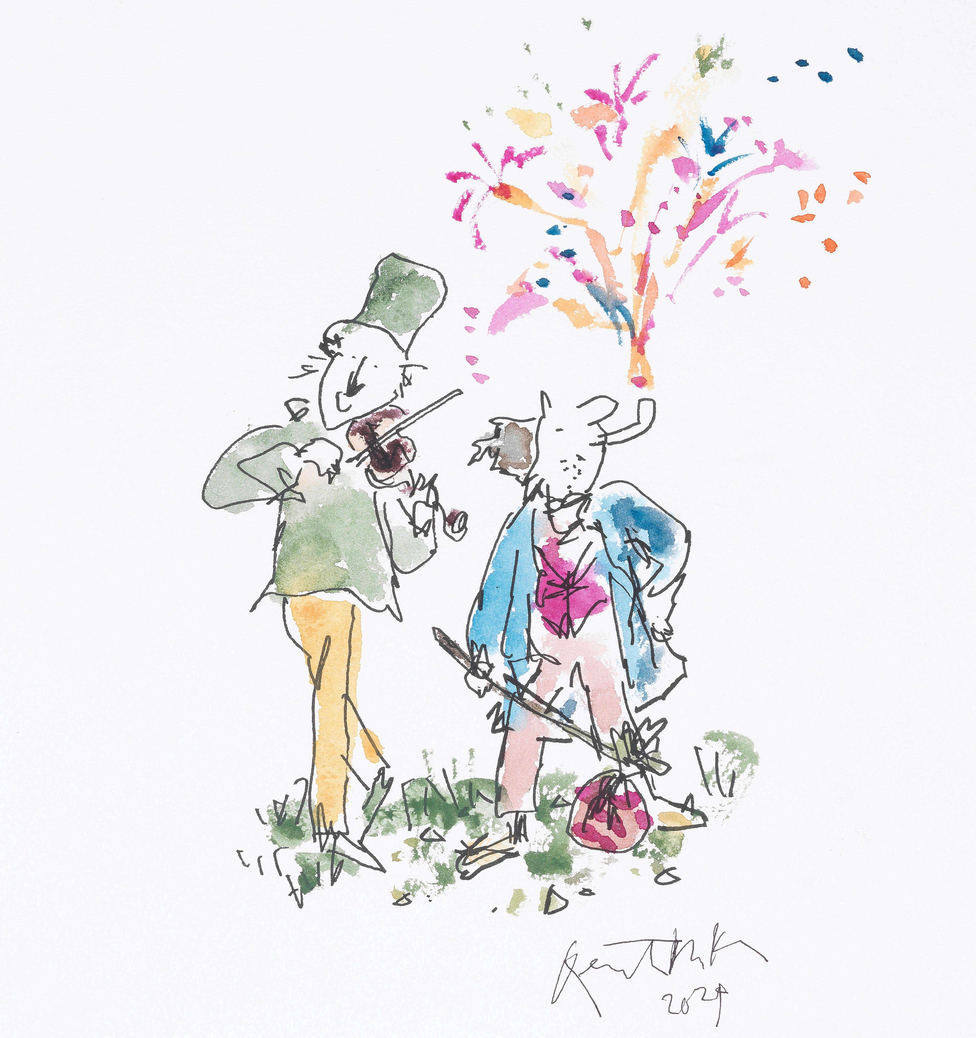 Illustration of two people one is playing the violin, the other has a pipe in their mouth with fireworks coming out of it.