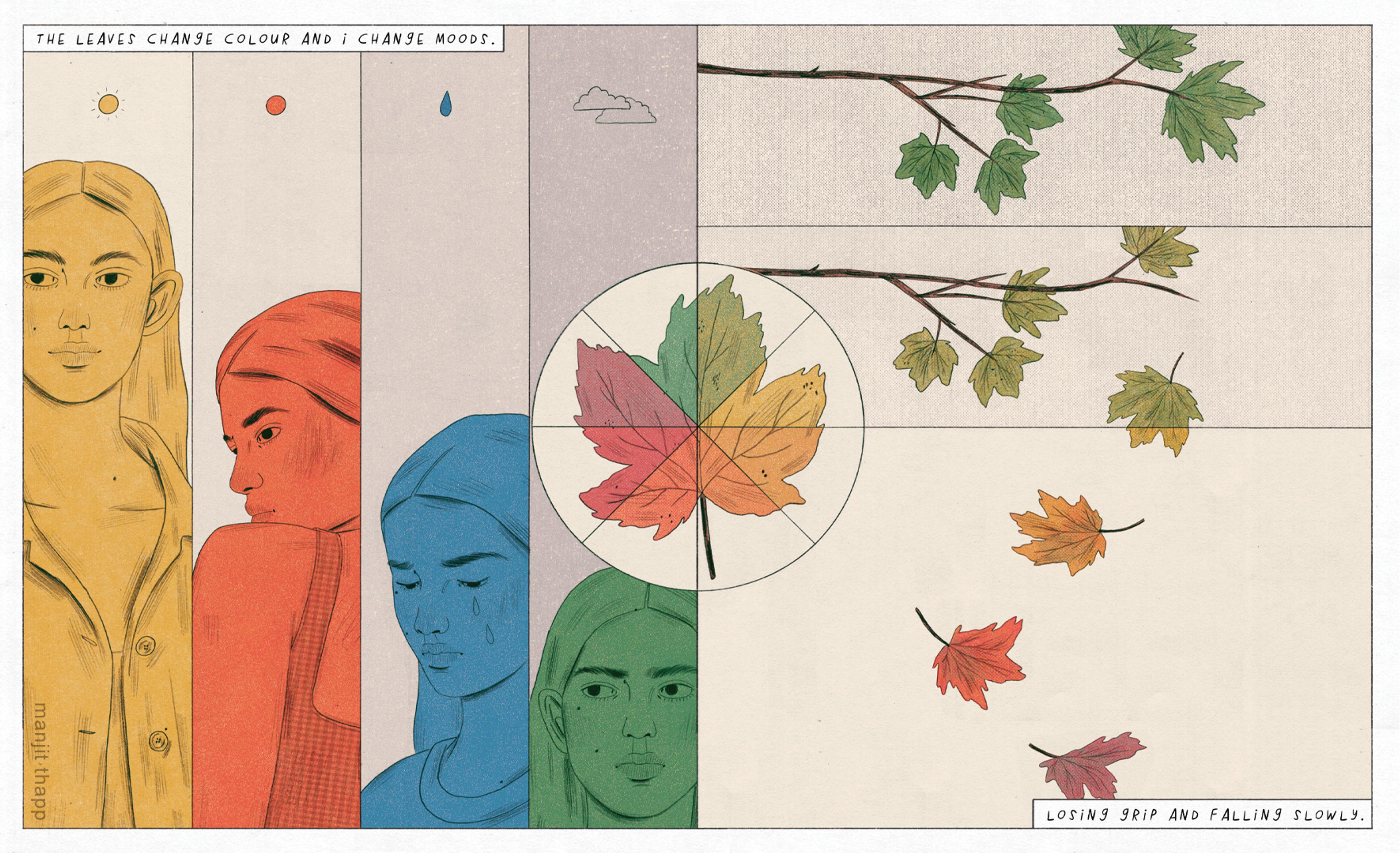 Comic panels depicting how the leaves changing colour in autumn affect the protagonist's changing mood