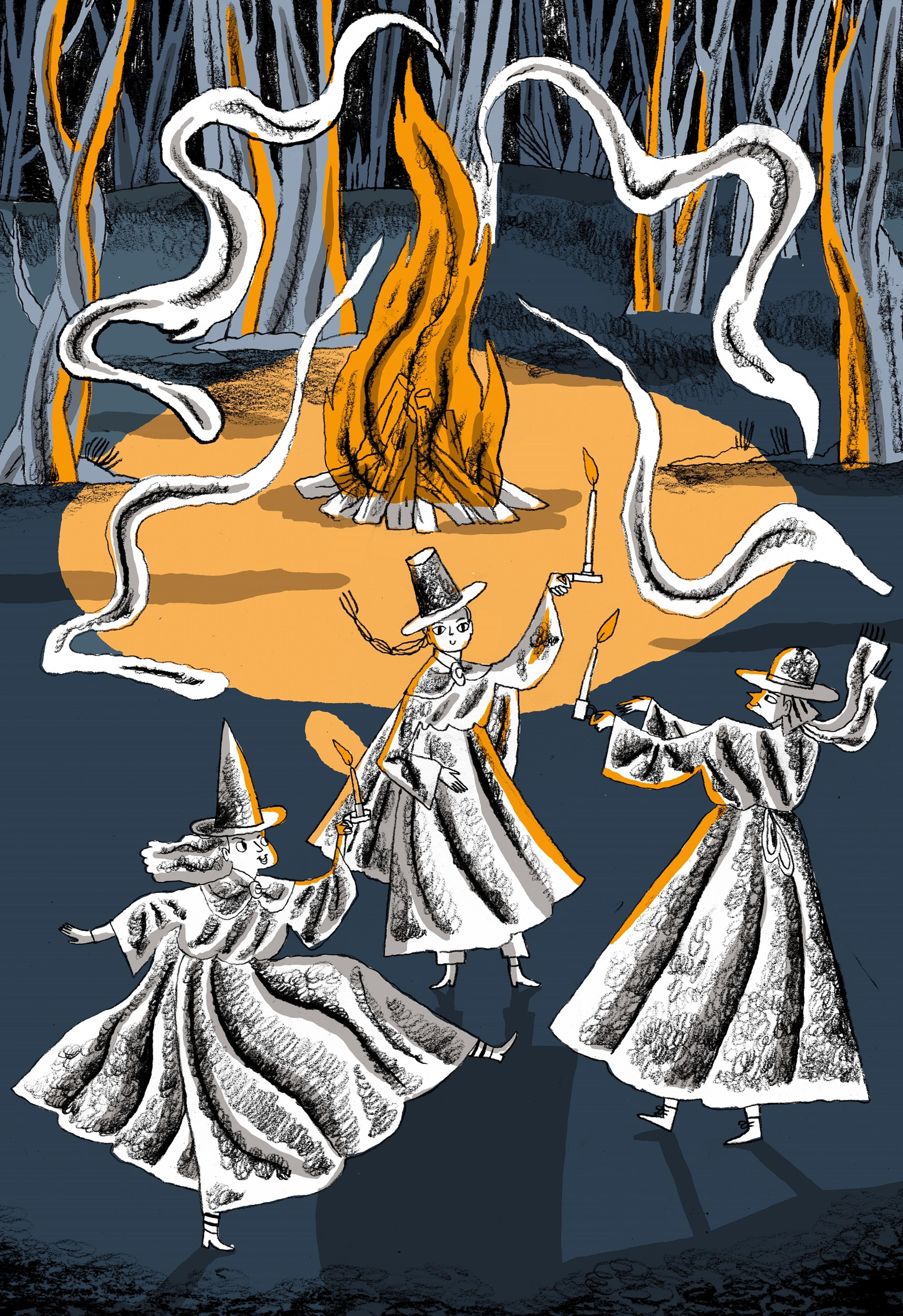 Illustration of three witches dancing around a bonfire holding candles, coloured in blue and orange