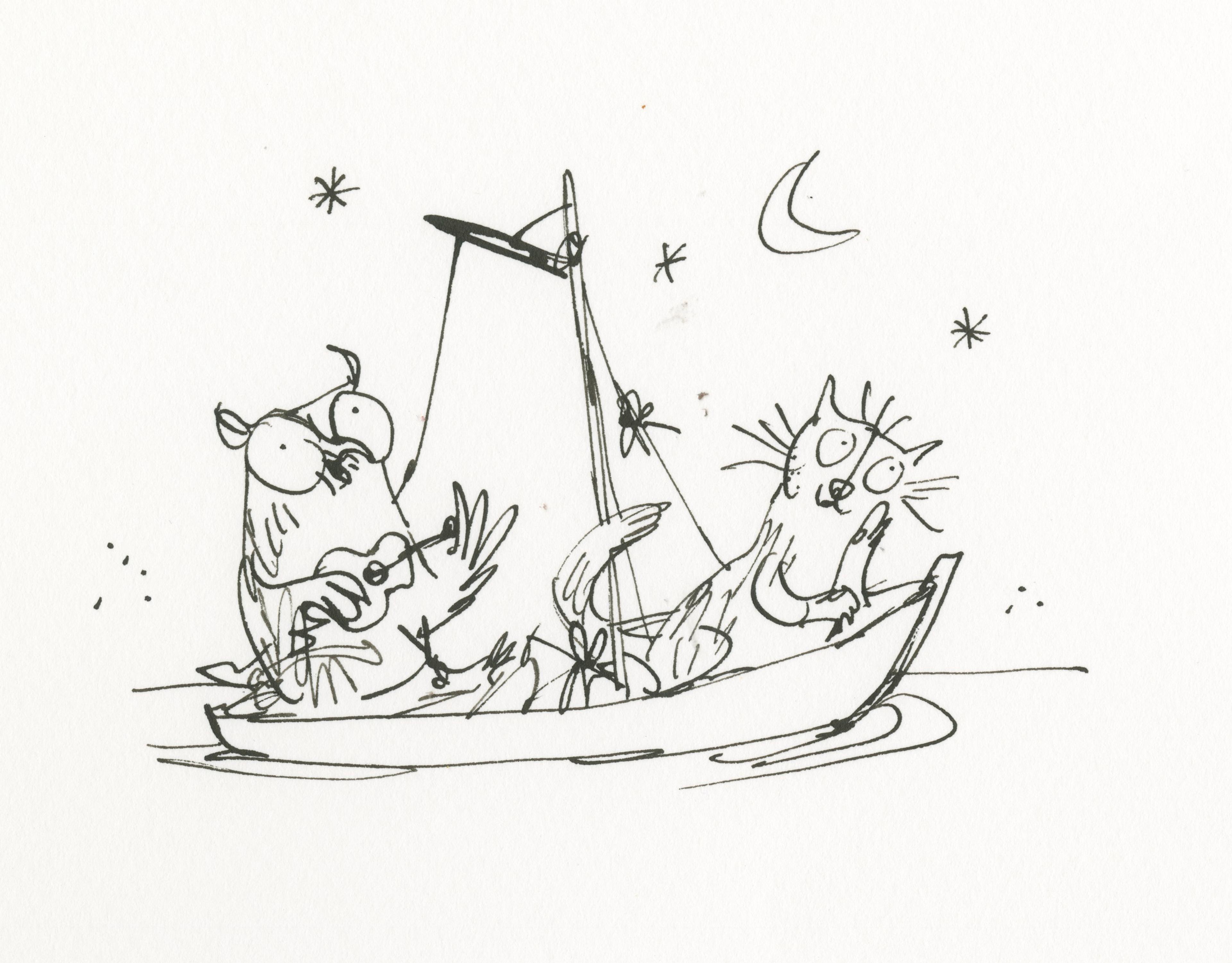 Line drawing of owl playing a guitar to a cat in a sailing boat
