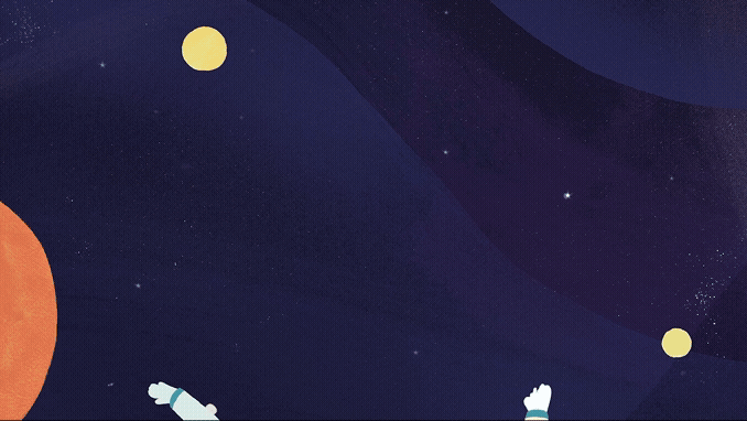 Two illustrated female astronauts floating in space jump in the air and high five in an animated GIF. 