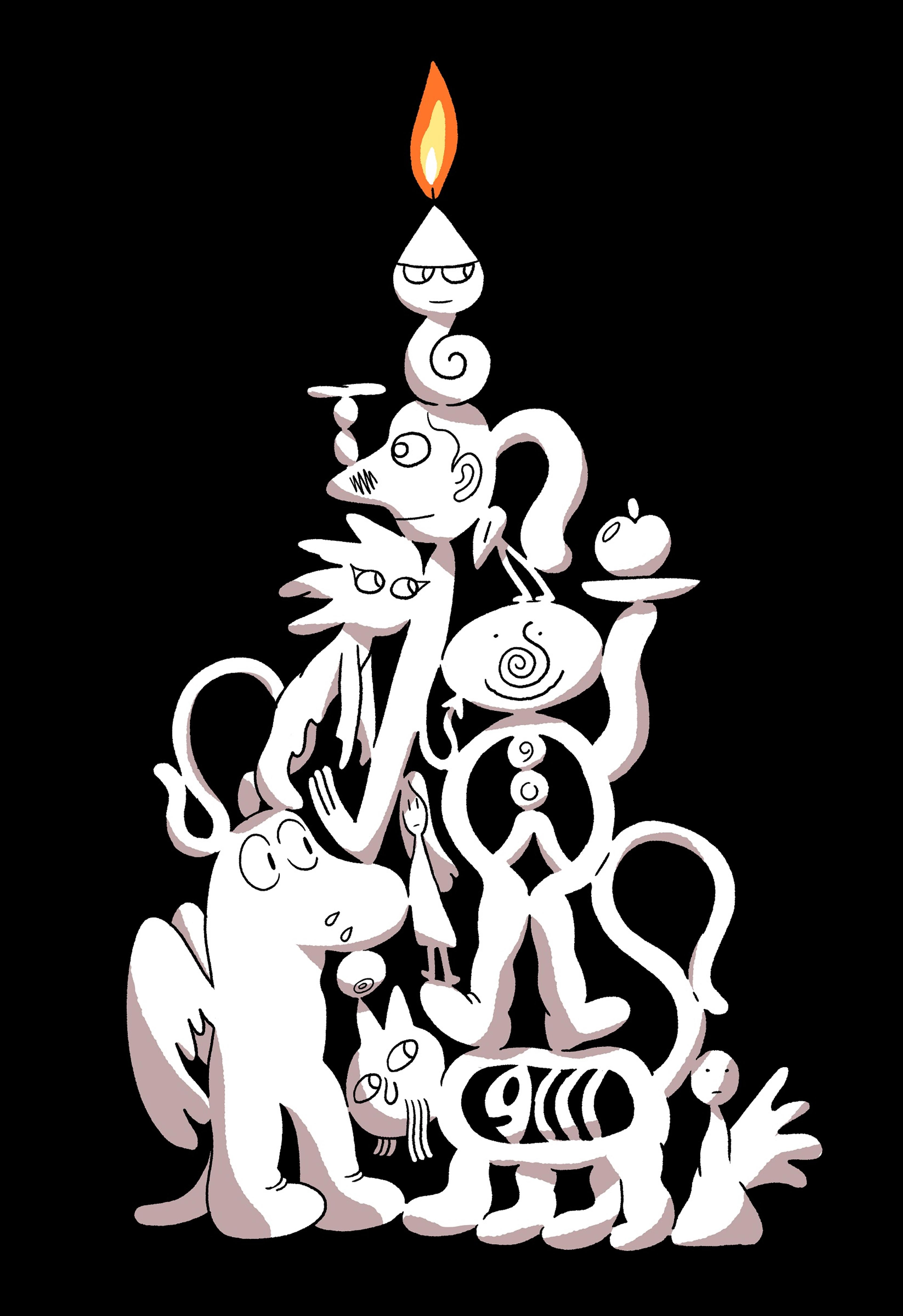 Illustration of white characters arranged in a pyramid shape against a white background