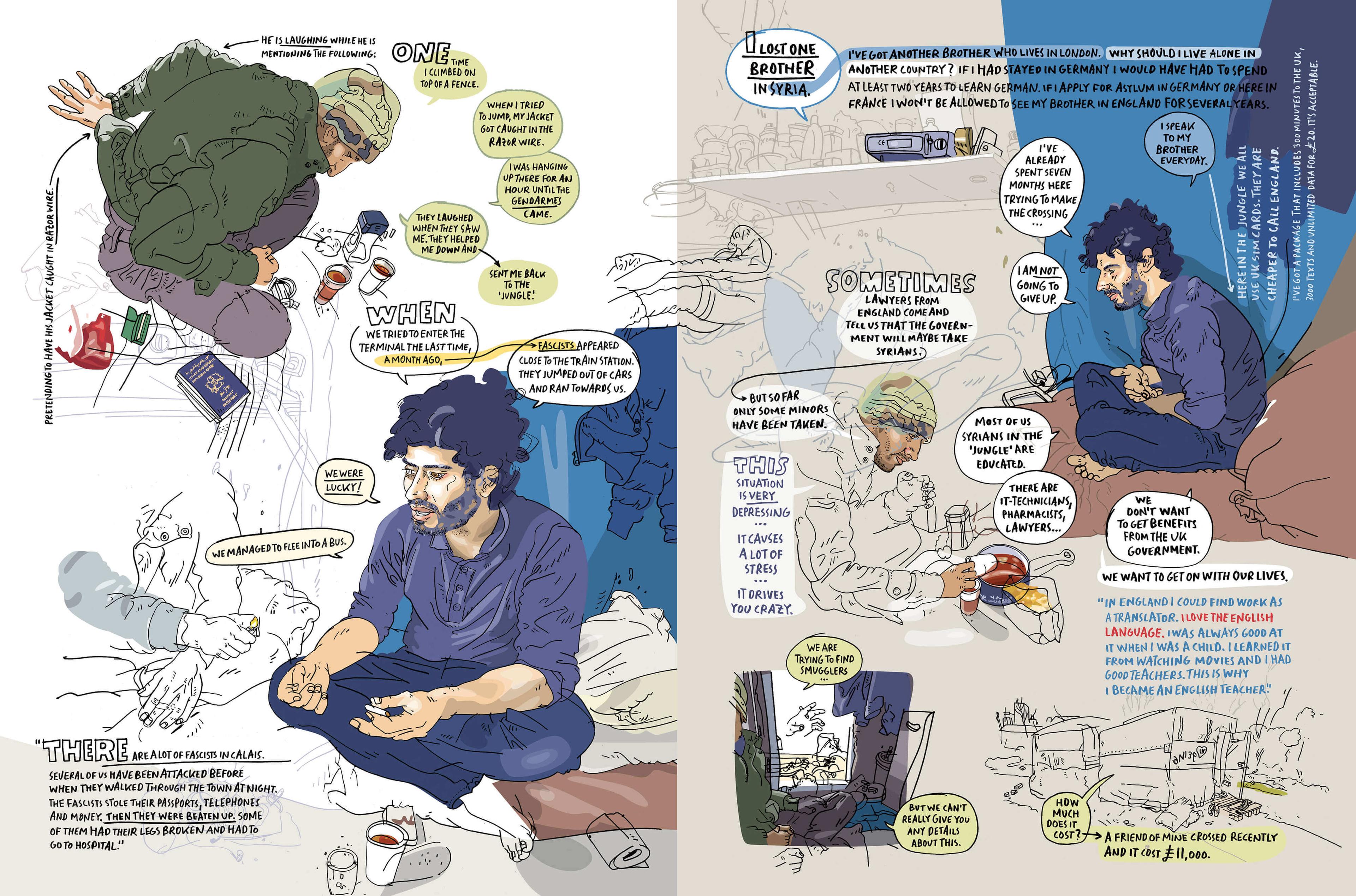 A reportage comic spread depicting the story of a Syrian refugee