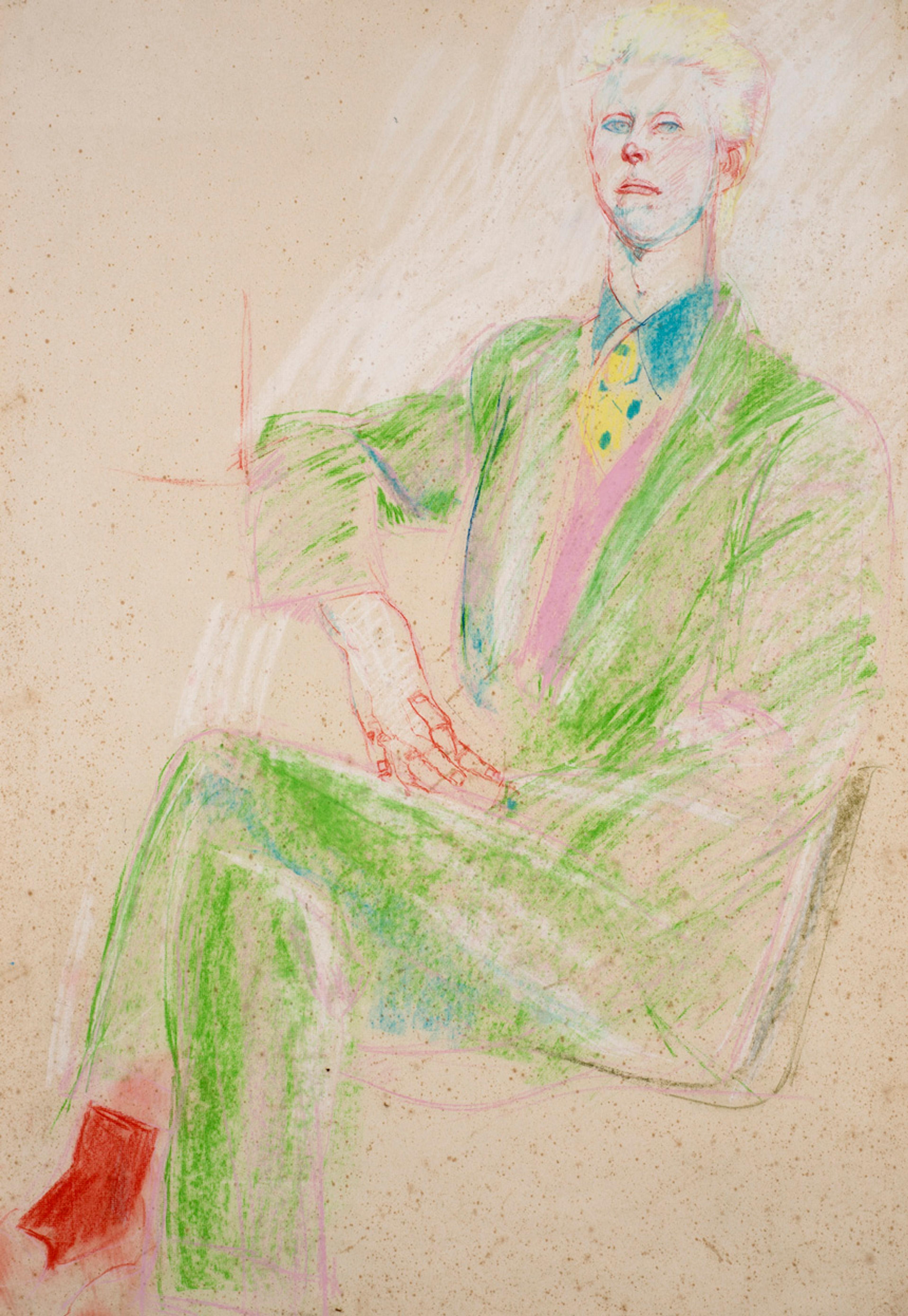 Drawing of a man with short blond hair sitting with his legs crossed, wearing a light green suit, blue shirt and yellow and blue necktie