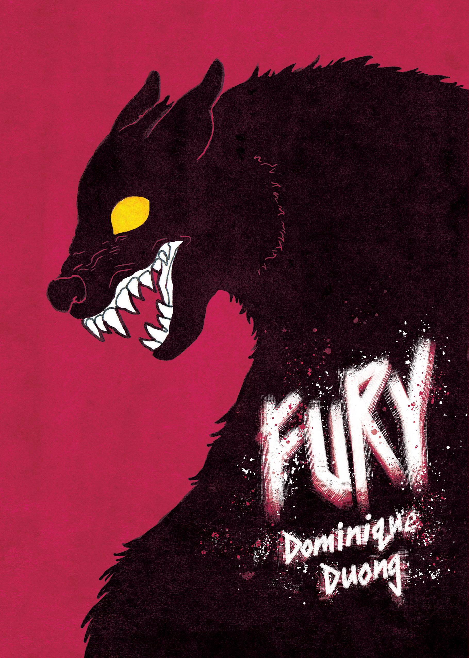 A wolf like creature baring its teeth sits on top of a red background.