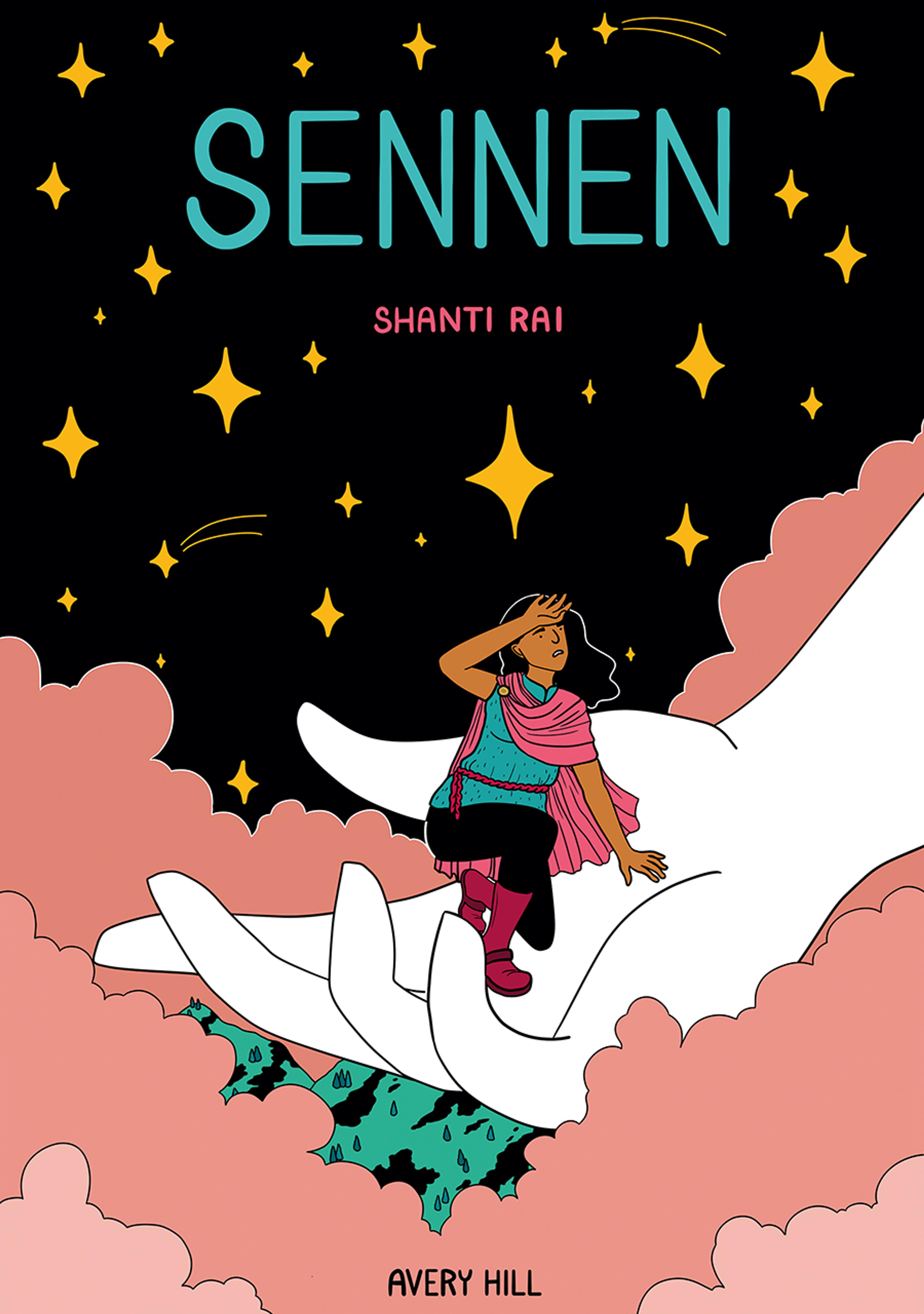 The front cover of Sennen by Shanti Rai, with an illustration of a person standing in a large hand, against a starry sky.