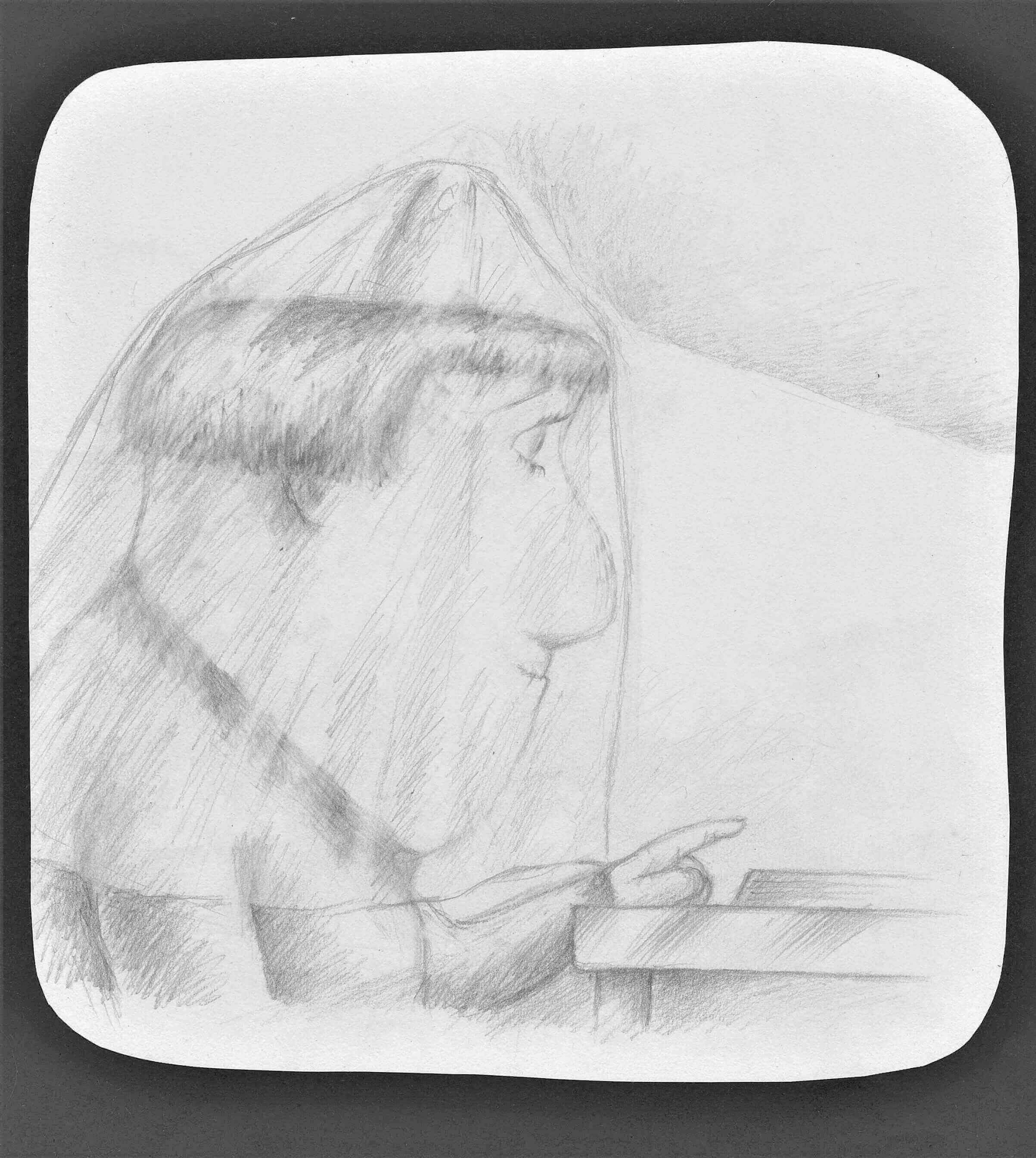 A wispy pencil sketch of the side profile of a stylised character sat at a desk. The character appears to be wearing a light veil.