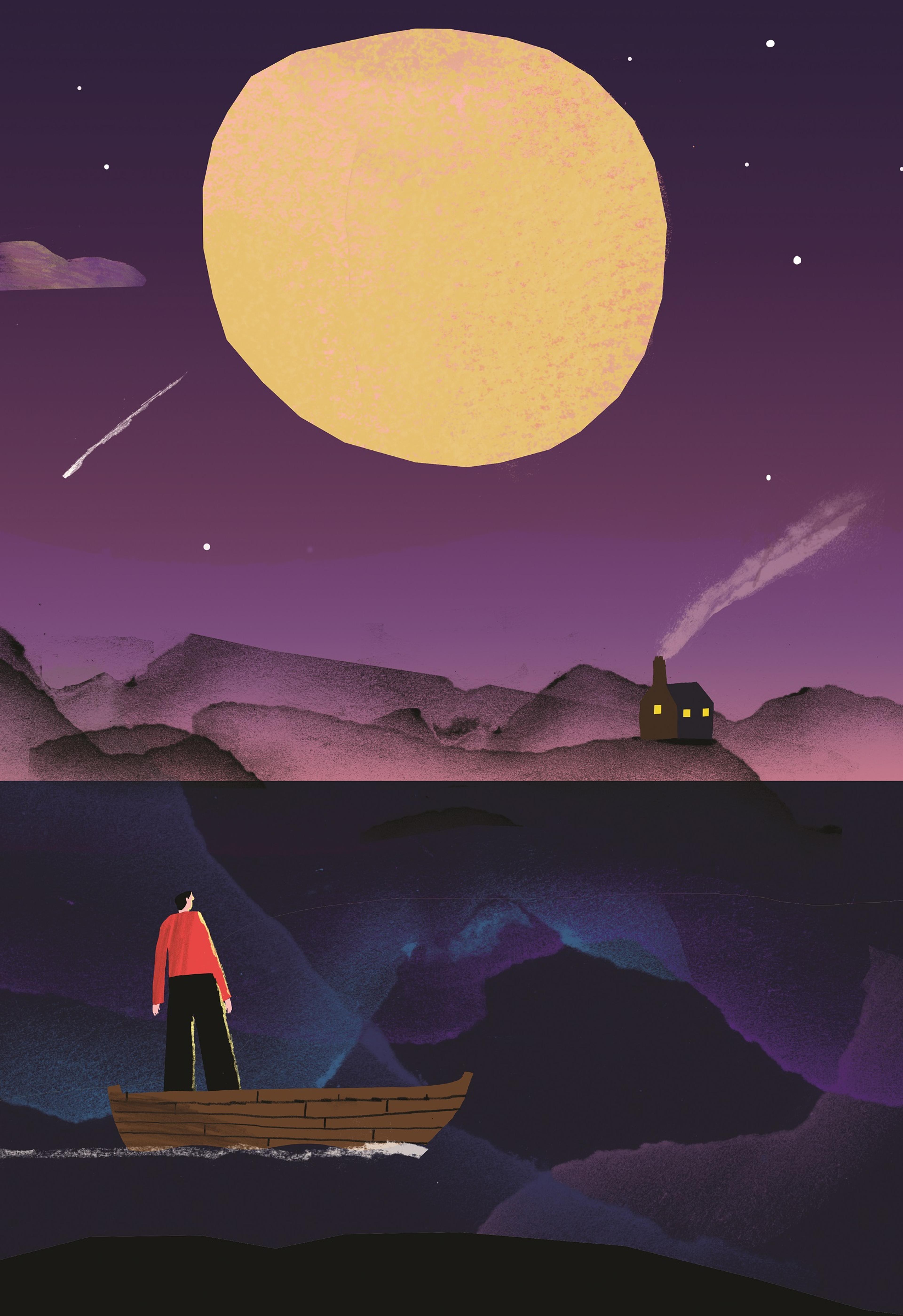 Illustration of a person in a boat looking onto a house in the distance under the moonlight