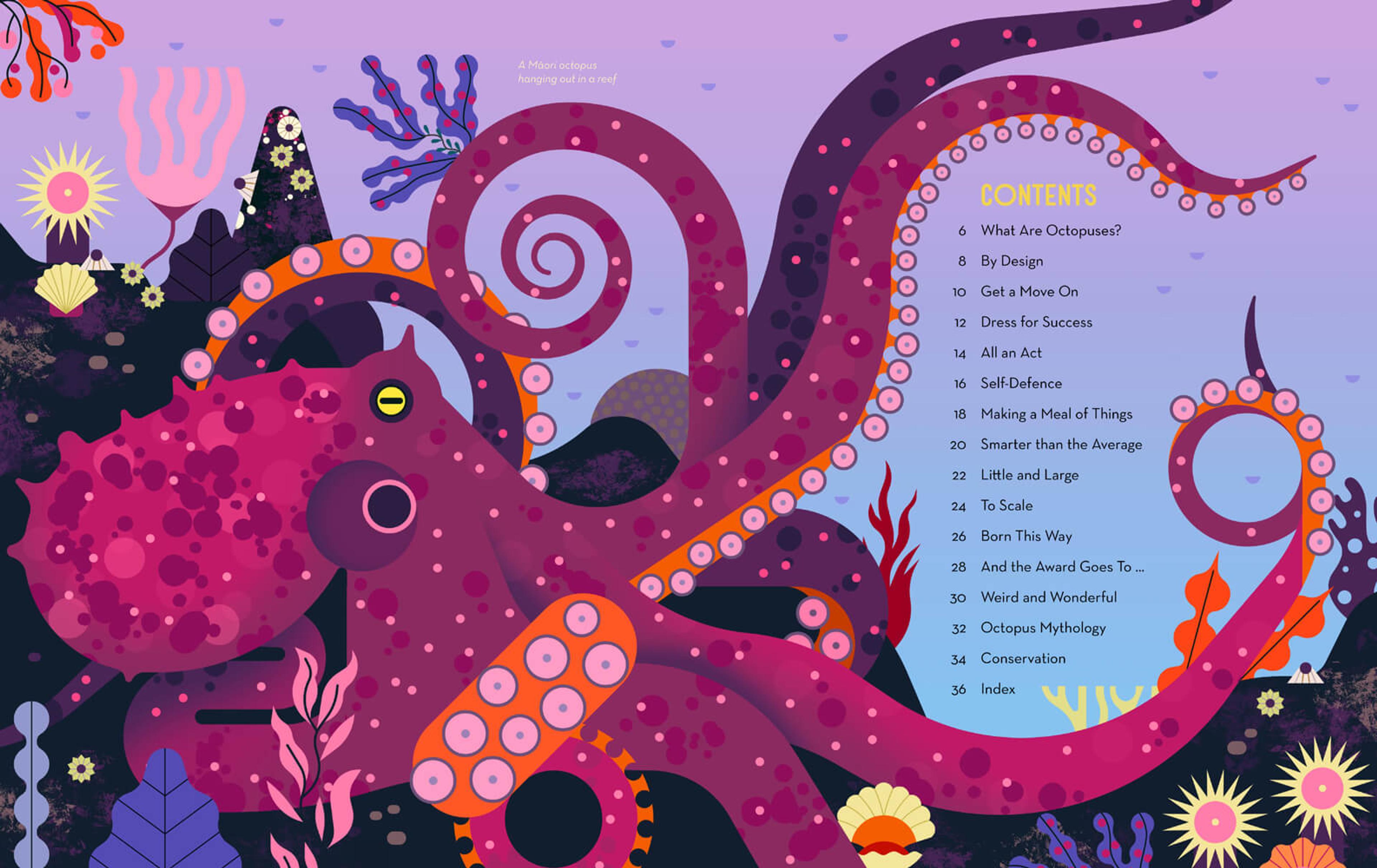 Content page from Obsessive about Octopuses featuring a colourful image of an octopus against a blue backdrop, next to the contents list
