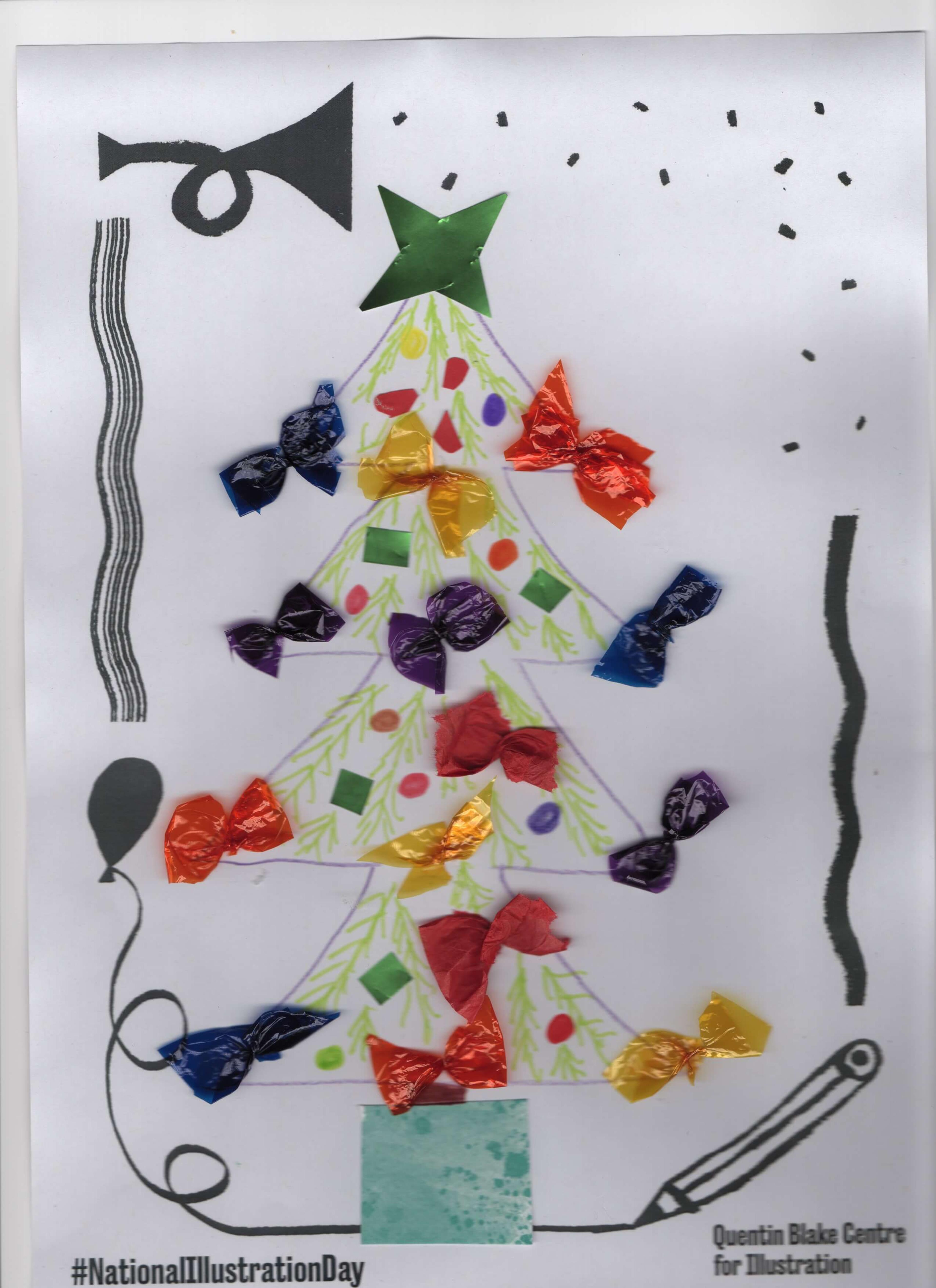 A Christmas tree with baubles made using cellophane. 