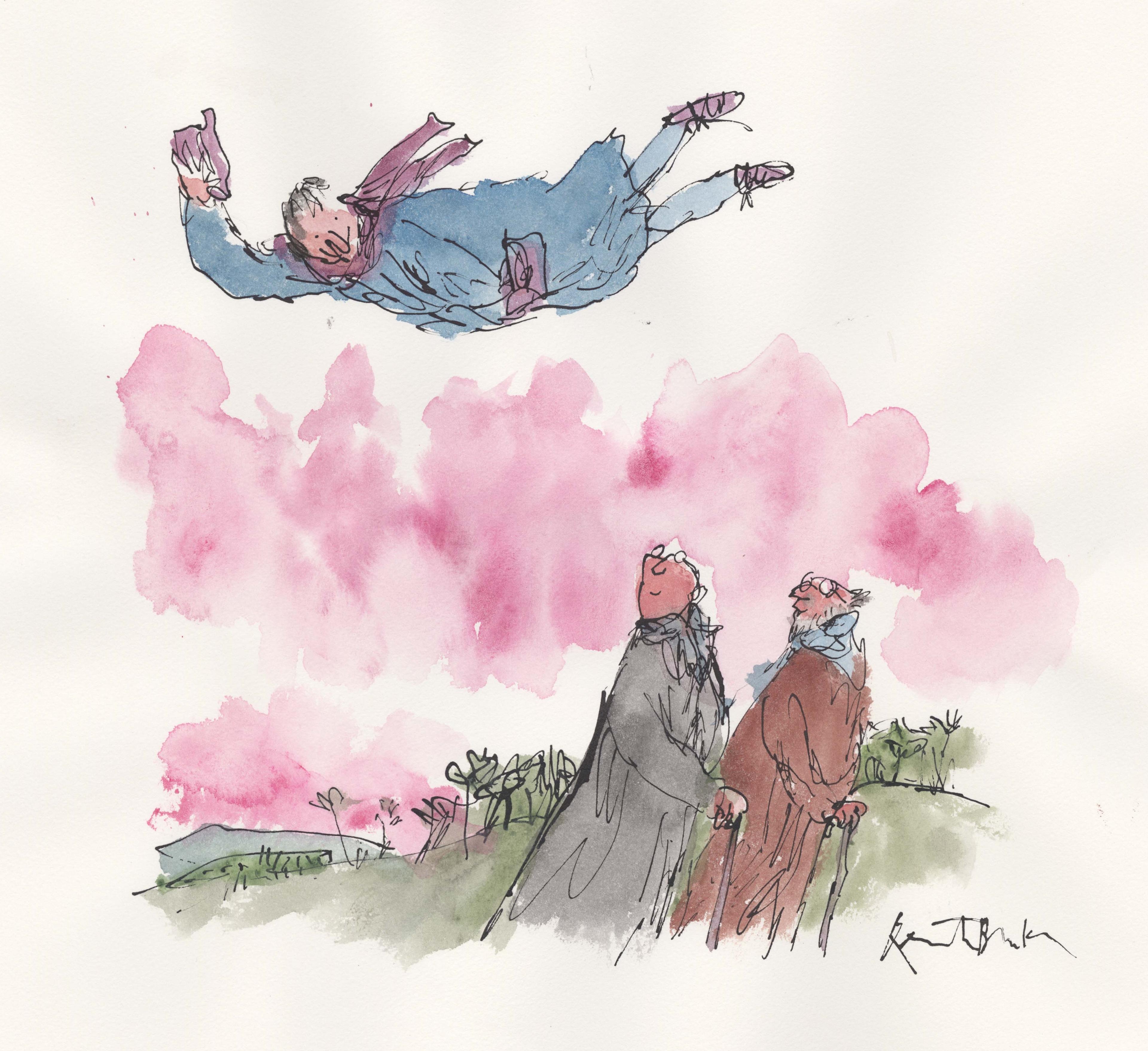 Illustration of a flying person raising their hat to two people walking below