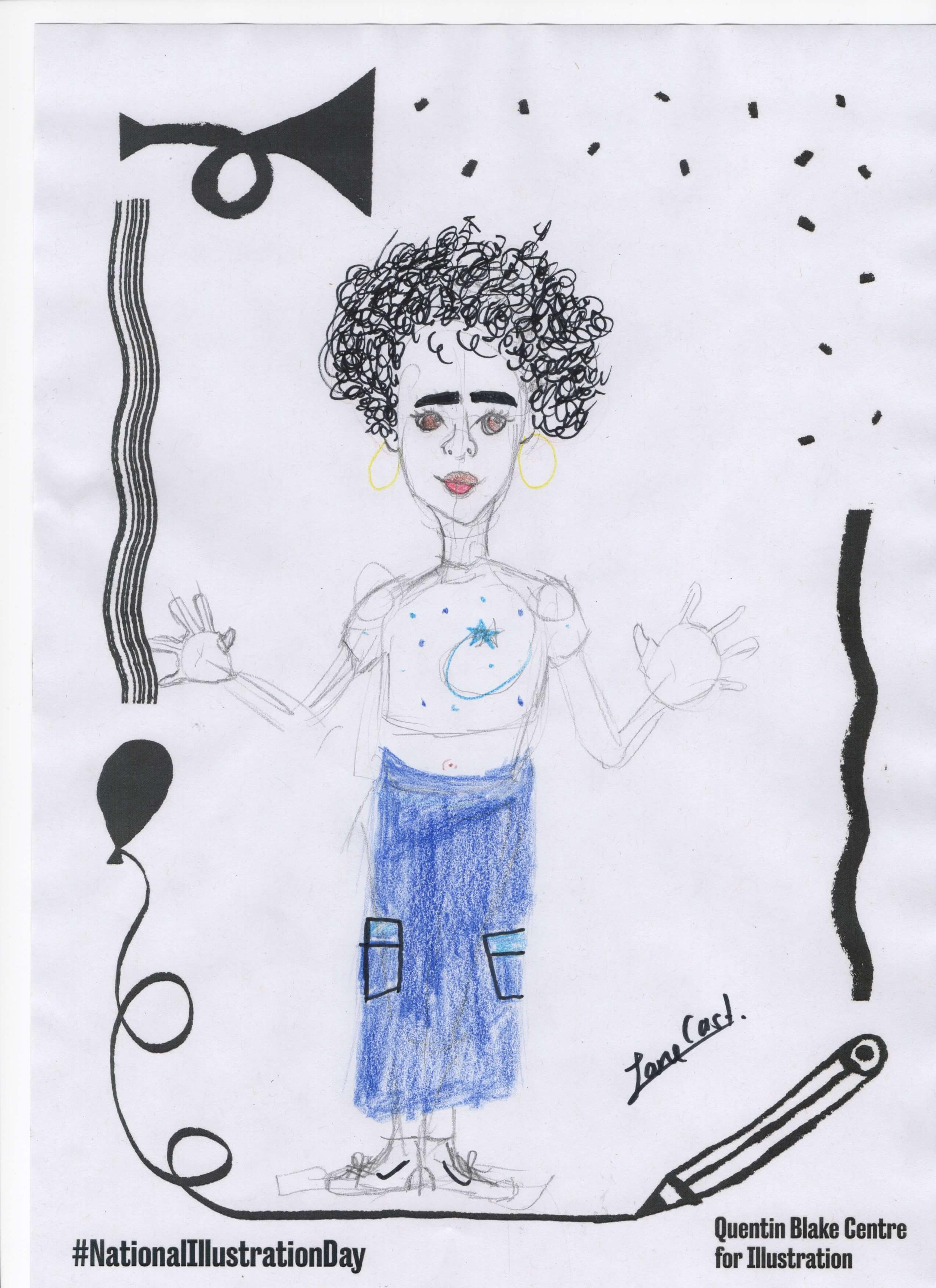 Colour pencil drawing of a person with short coily hair making jazz hands. They are wearing a crop top and a long blue skirt. 