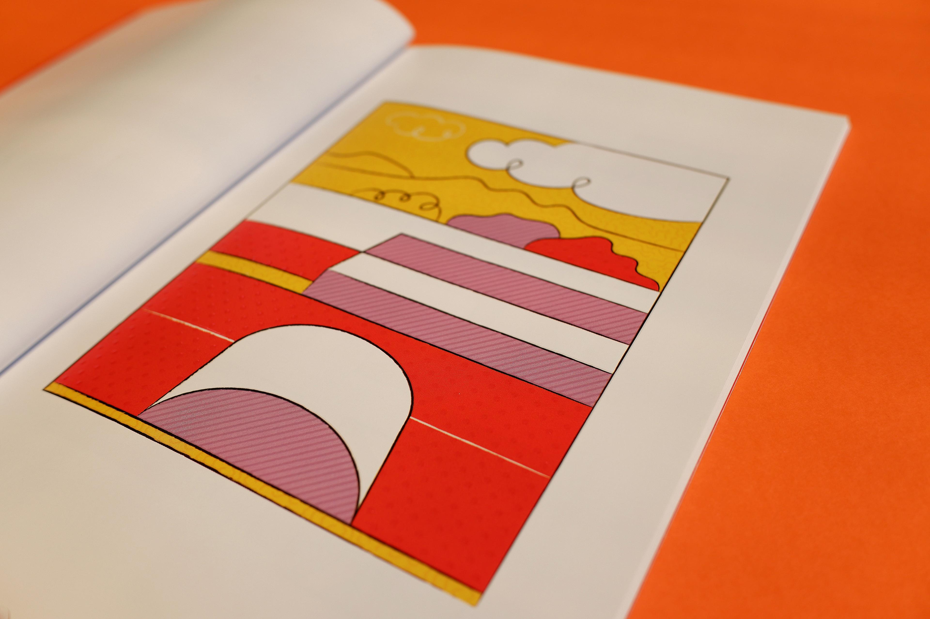 A photo of one page of an open book with a colourful abstract illustration of a landscape.