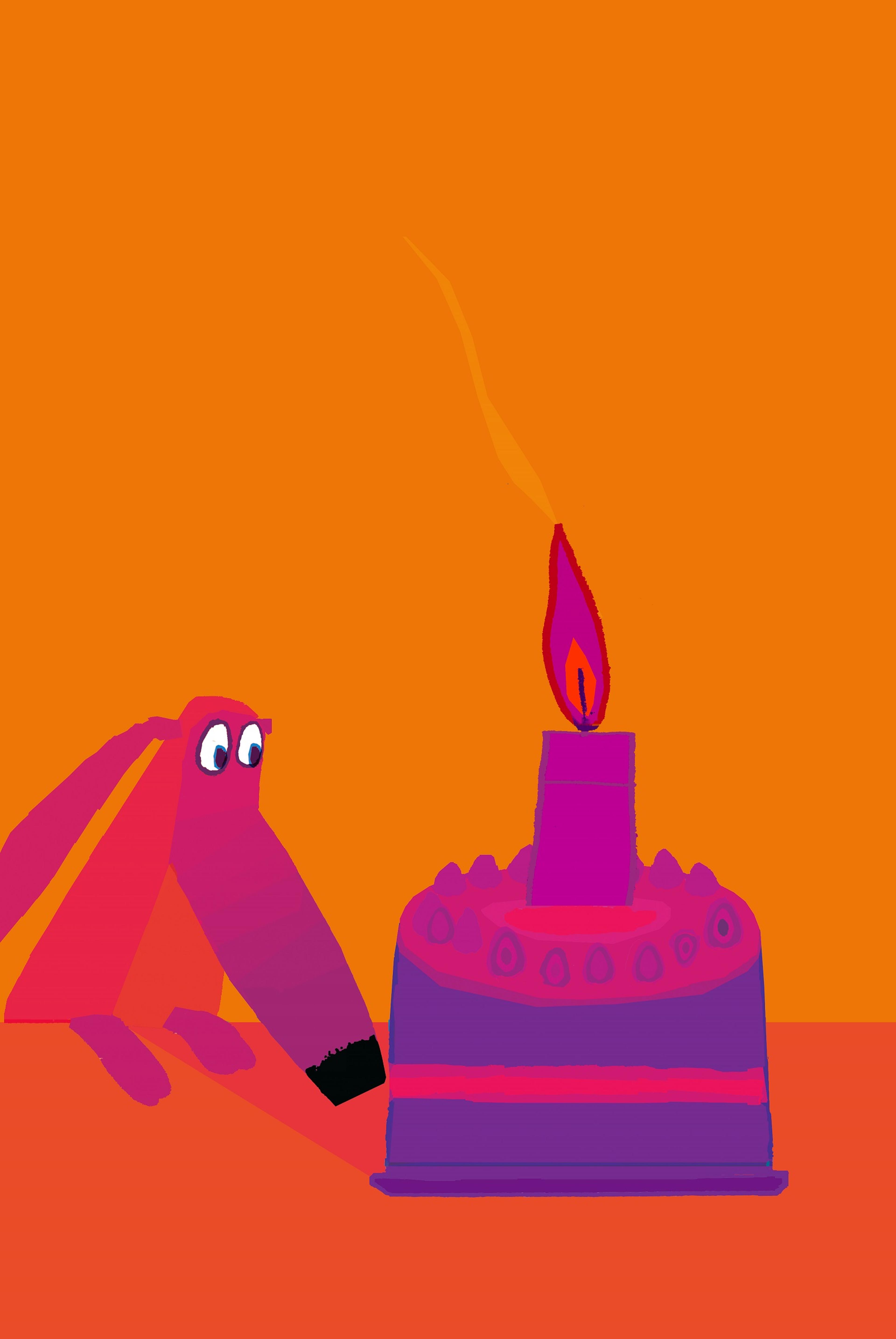 Illustration of a dog looking at a birthday cake