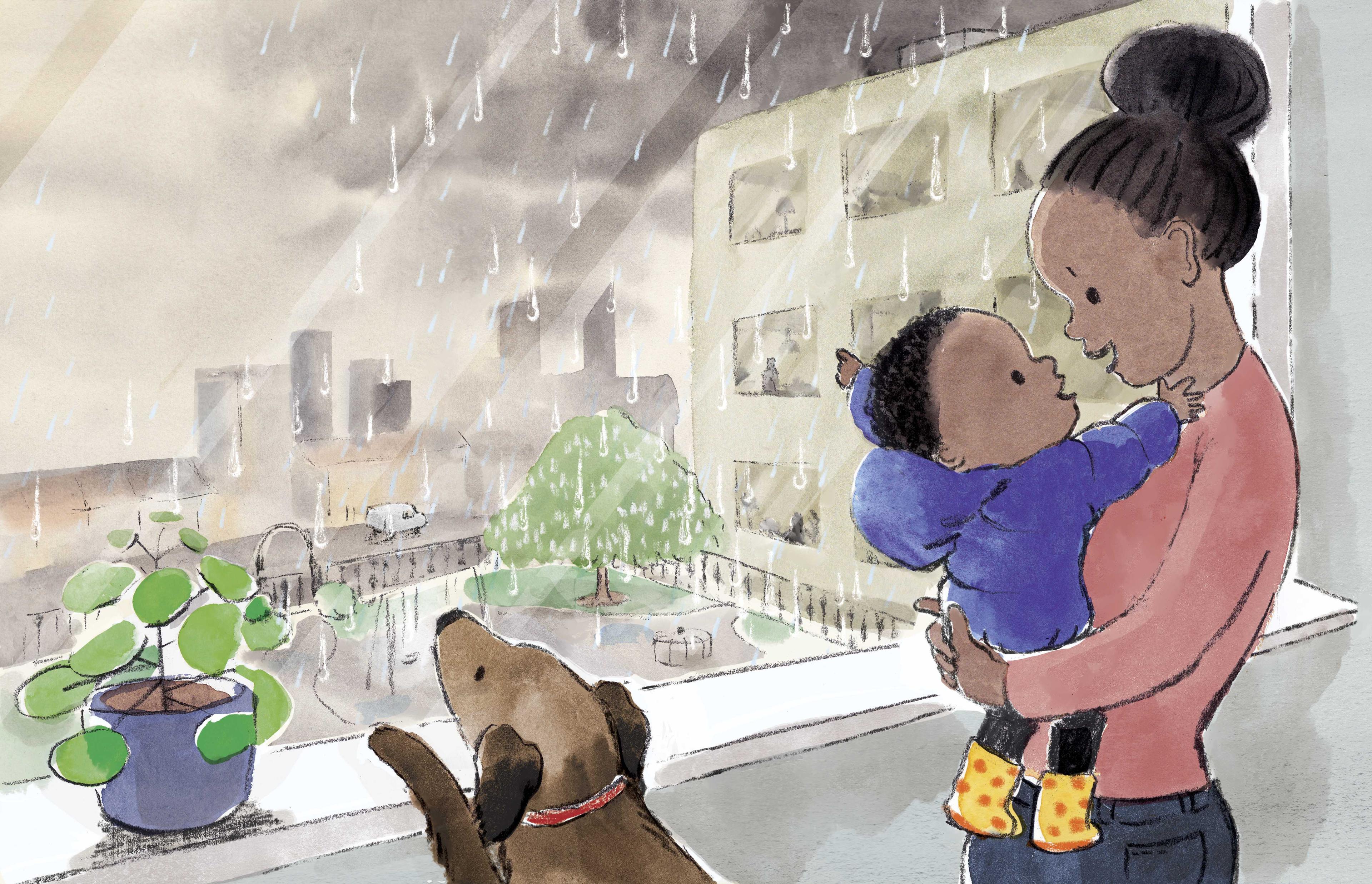 An illustration of a person with a child in their arms, they are by a window and its is raining outside. A dog is looking out of the window.