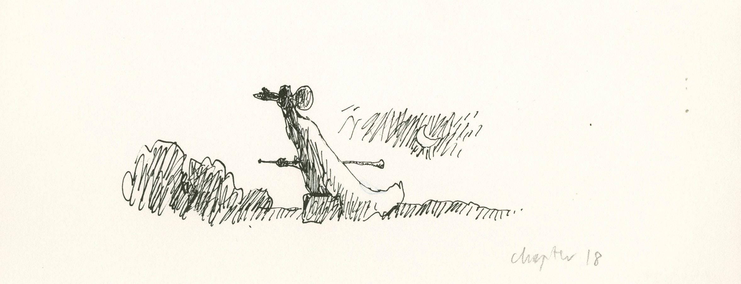 Drawing of a giant wearing a cape and carrying a child in his ear