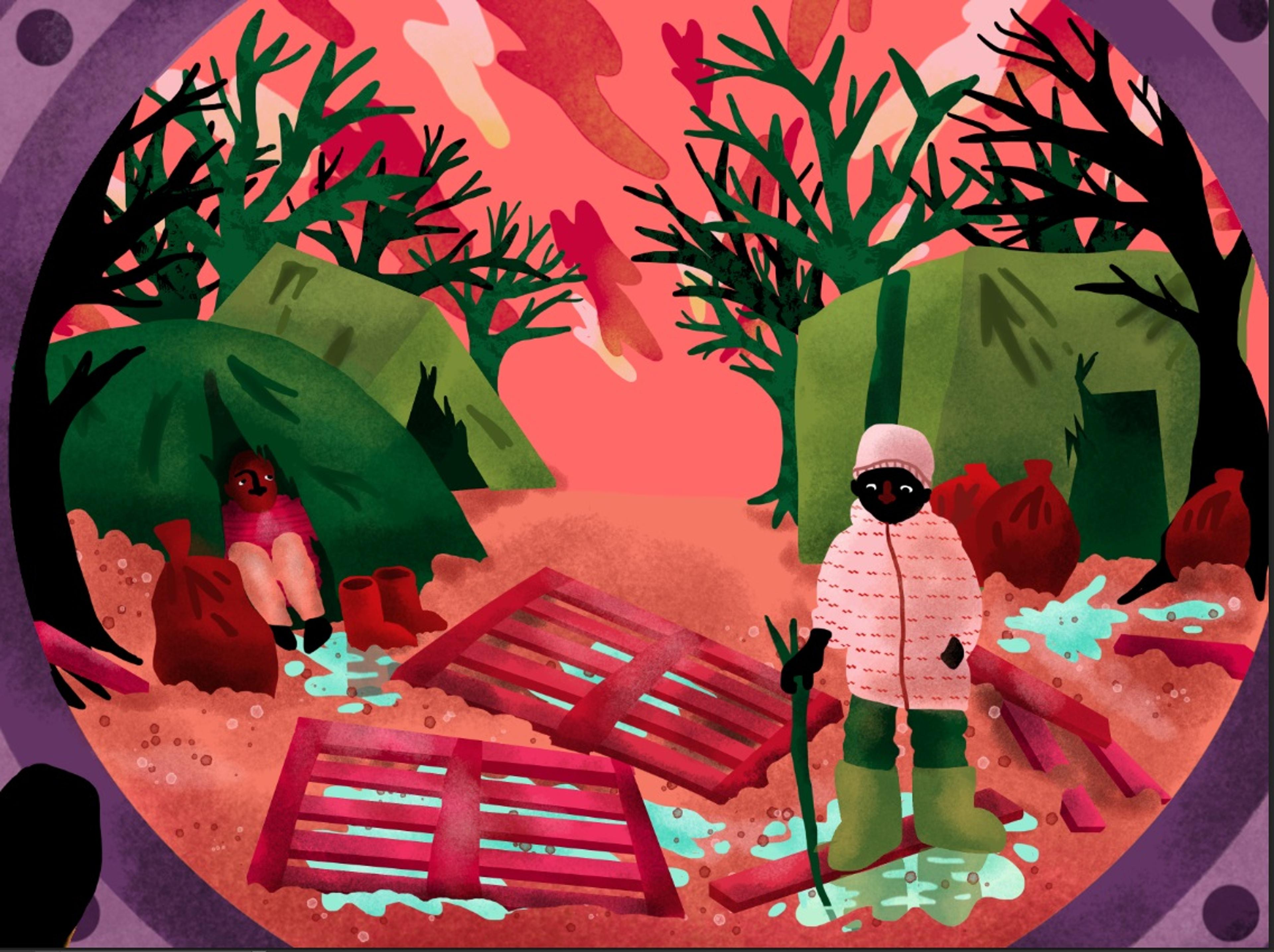 Illustration of two people at a campsite with wooden decking over puddles and bare trees