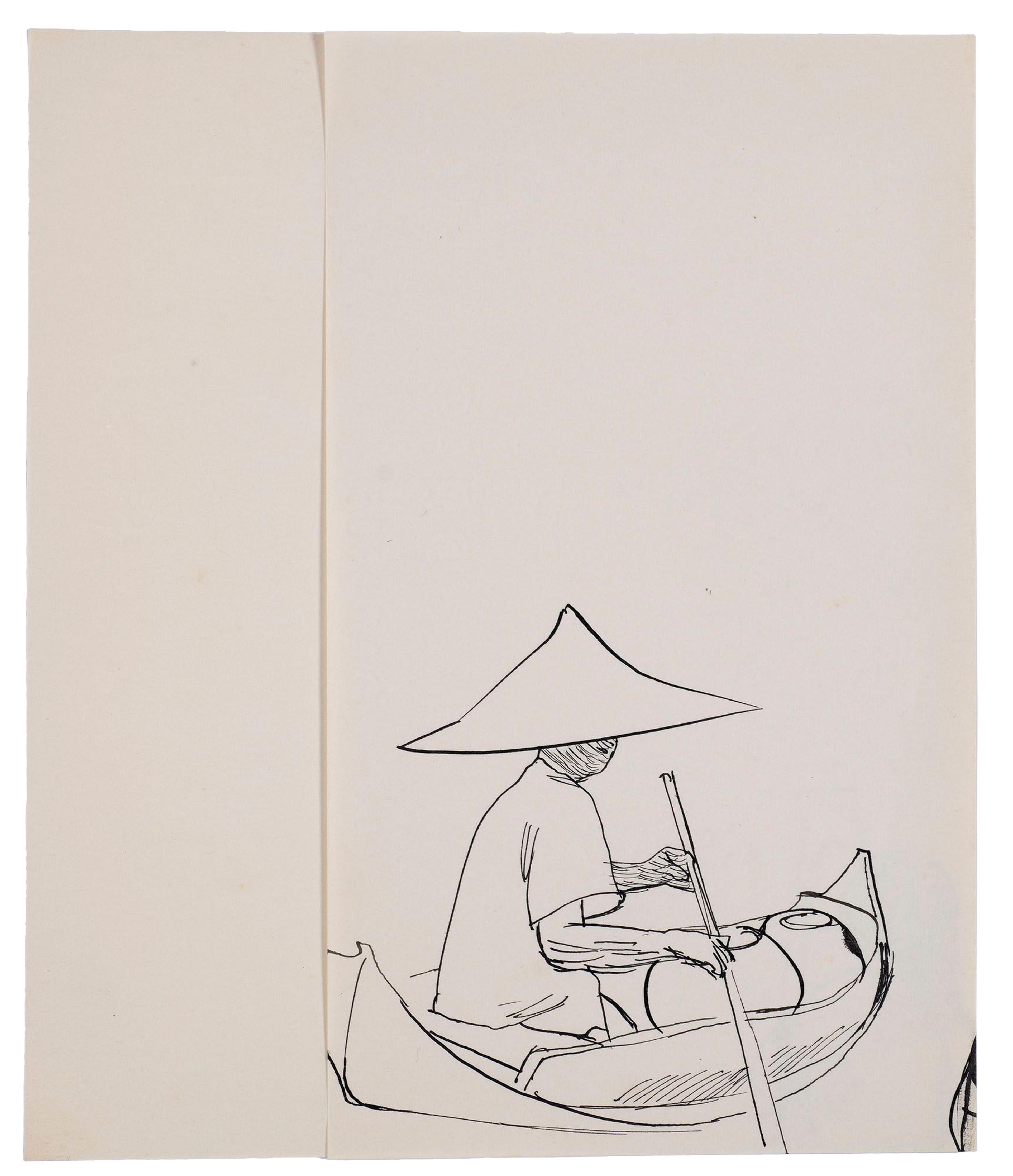 black ink drawing on white paper of a person in a canoe holding a paddle and wearing a hat