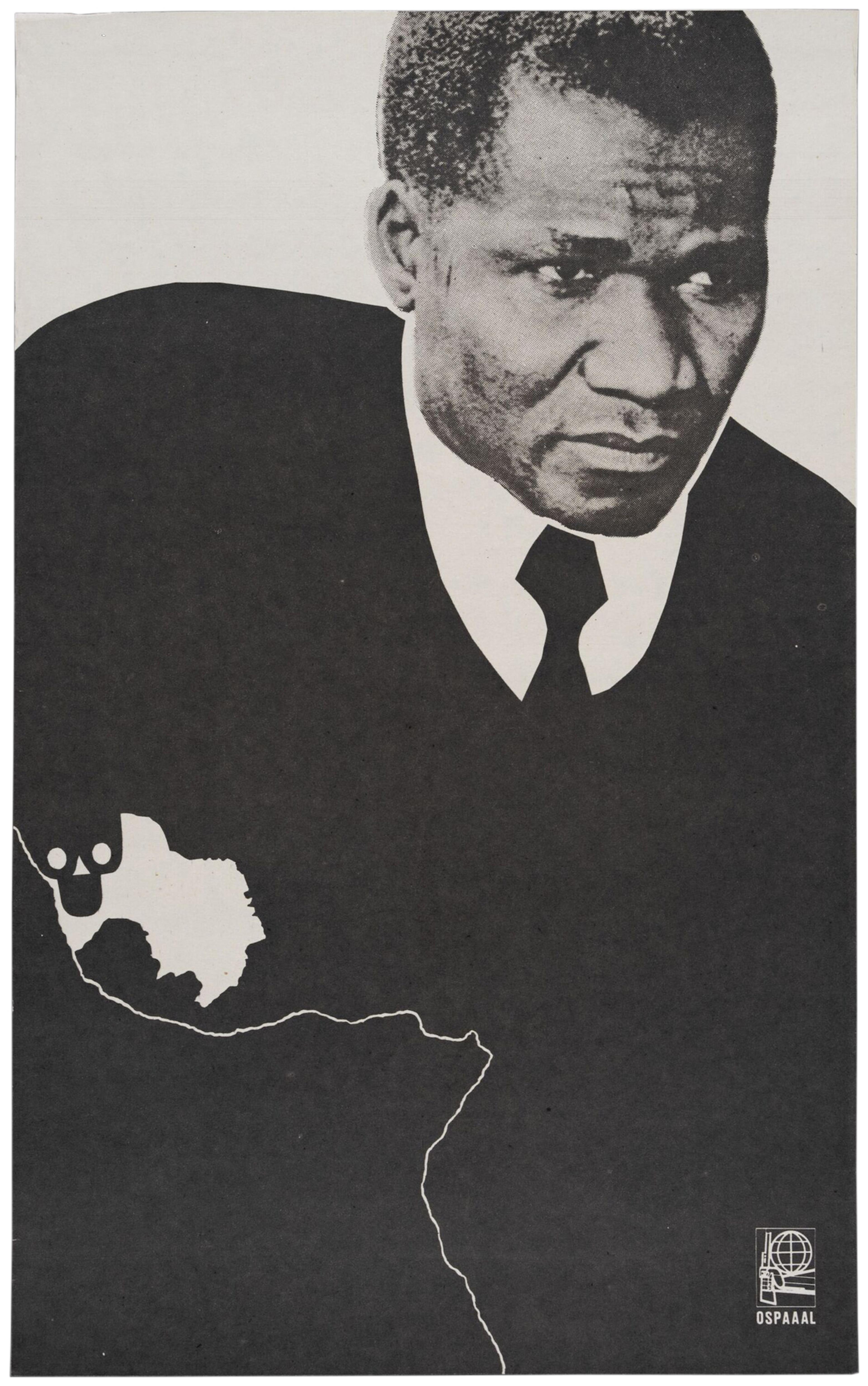 Poster depicting Guinean politician Ahmed Sékou Touré with an outline of the African continent on his chest and Guinea highlighted and a skull symbol where Guinea-Bissau is located