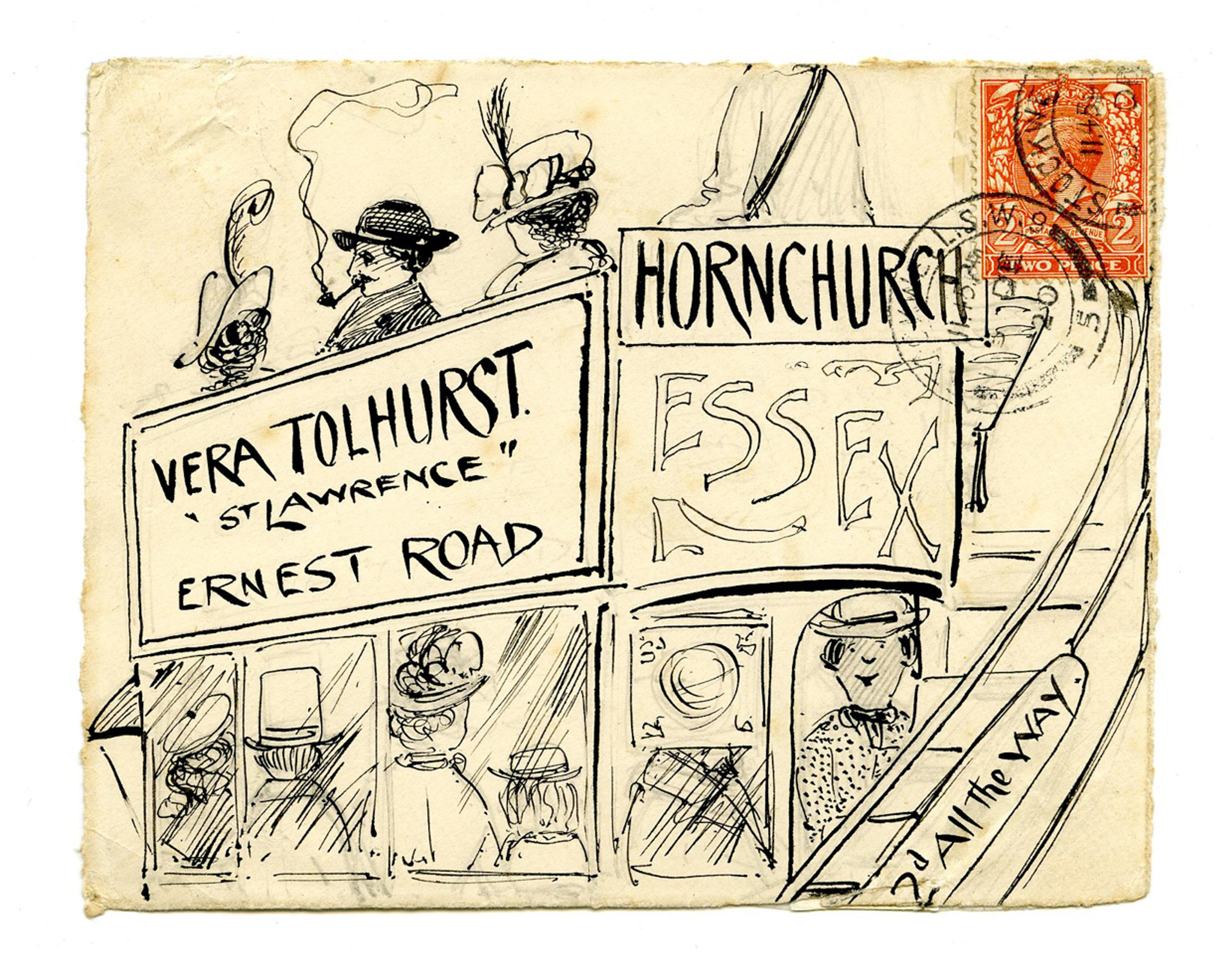 An envelope which has been illustrated with a double decker bus. There are men and women sitting on the top deck wearing clothing of the 1920s. The signs on the bus read "Vera Tolhurst, St Lawrence, Ernest Road, Hornchurch, Essex" 