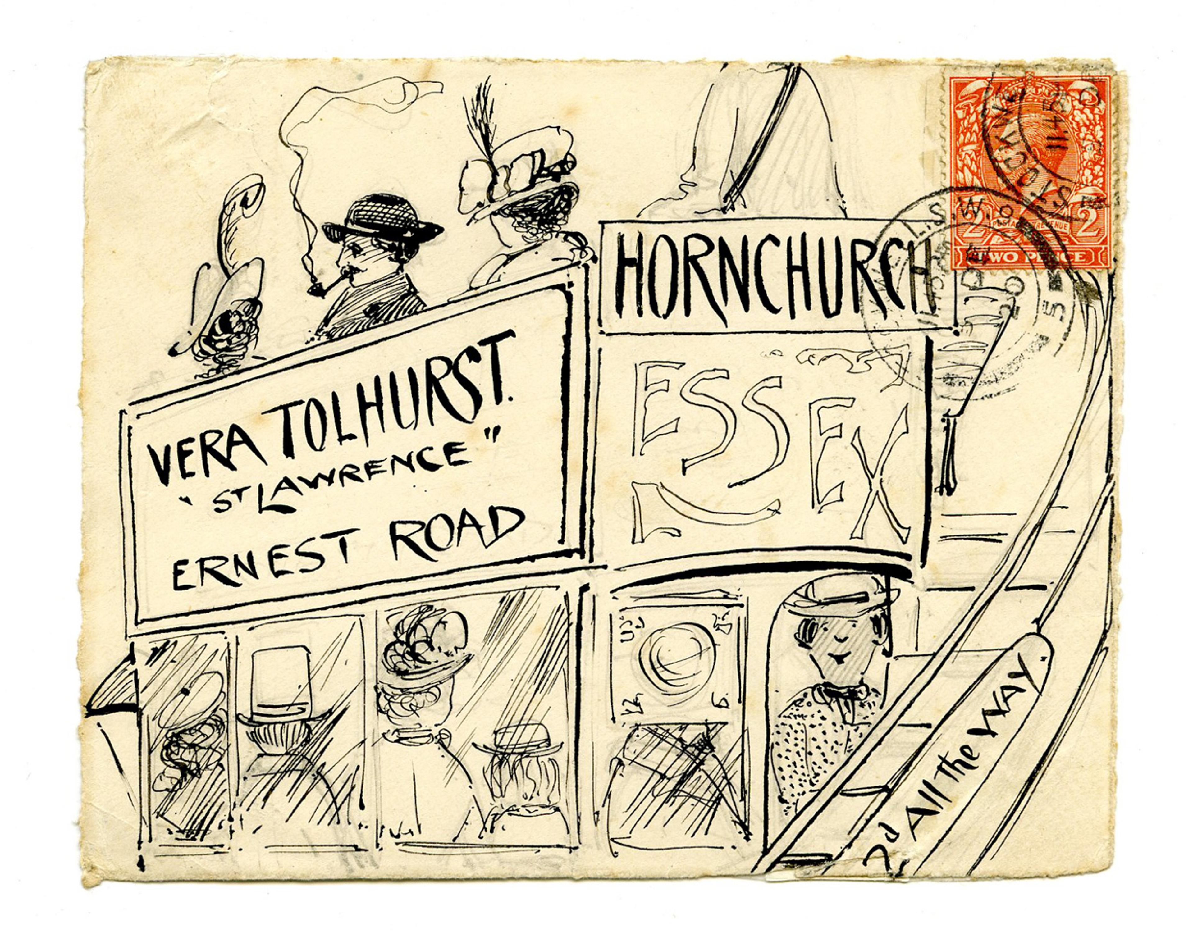 An envelope which has been illustrated with a double decker bus. There are men and women sitting on the top deck wearing clothing of the 1920s. The signs on the bus read "Vera Tolhurst, St Lawrence, Ernest Road, Hornchurch, Essex"