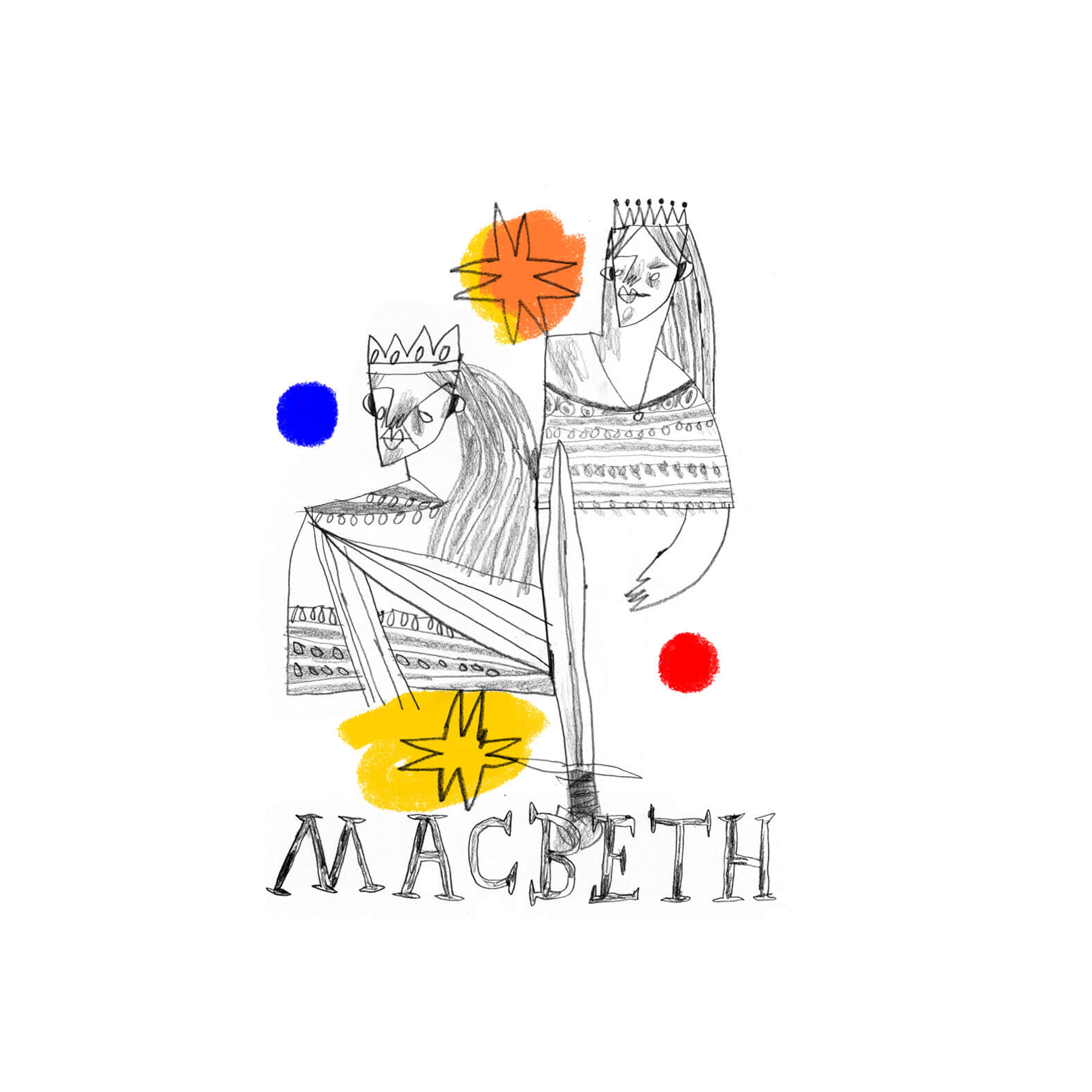 Illustration of a king and queen surrounded by starts with the word Macbeth