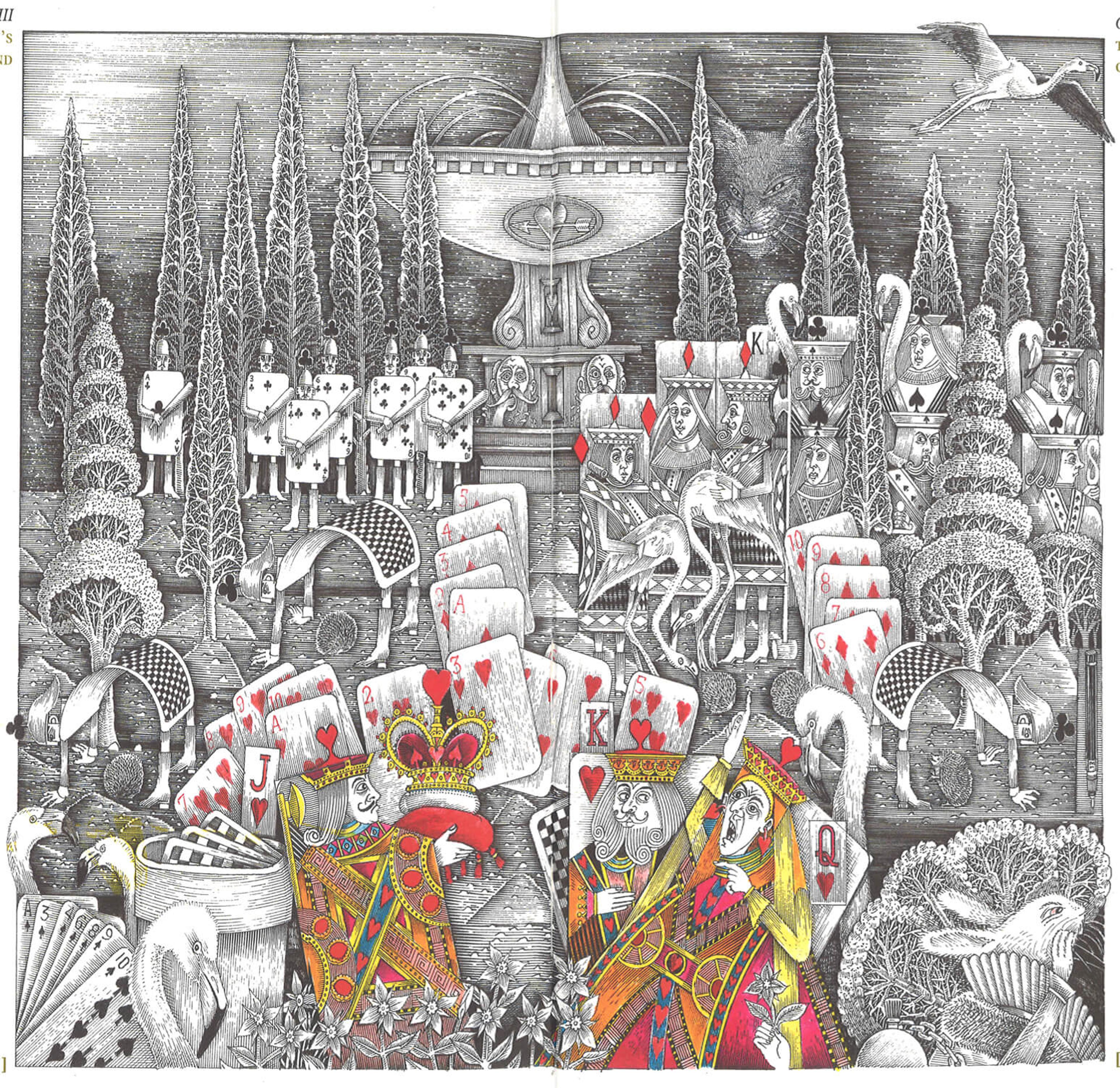 Detailed drawing of an army of playing cards, from Alice's Adventures in Wonderland