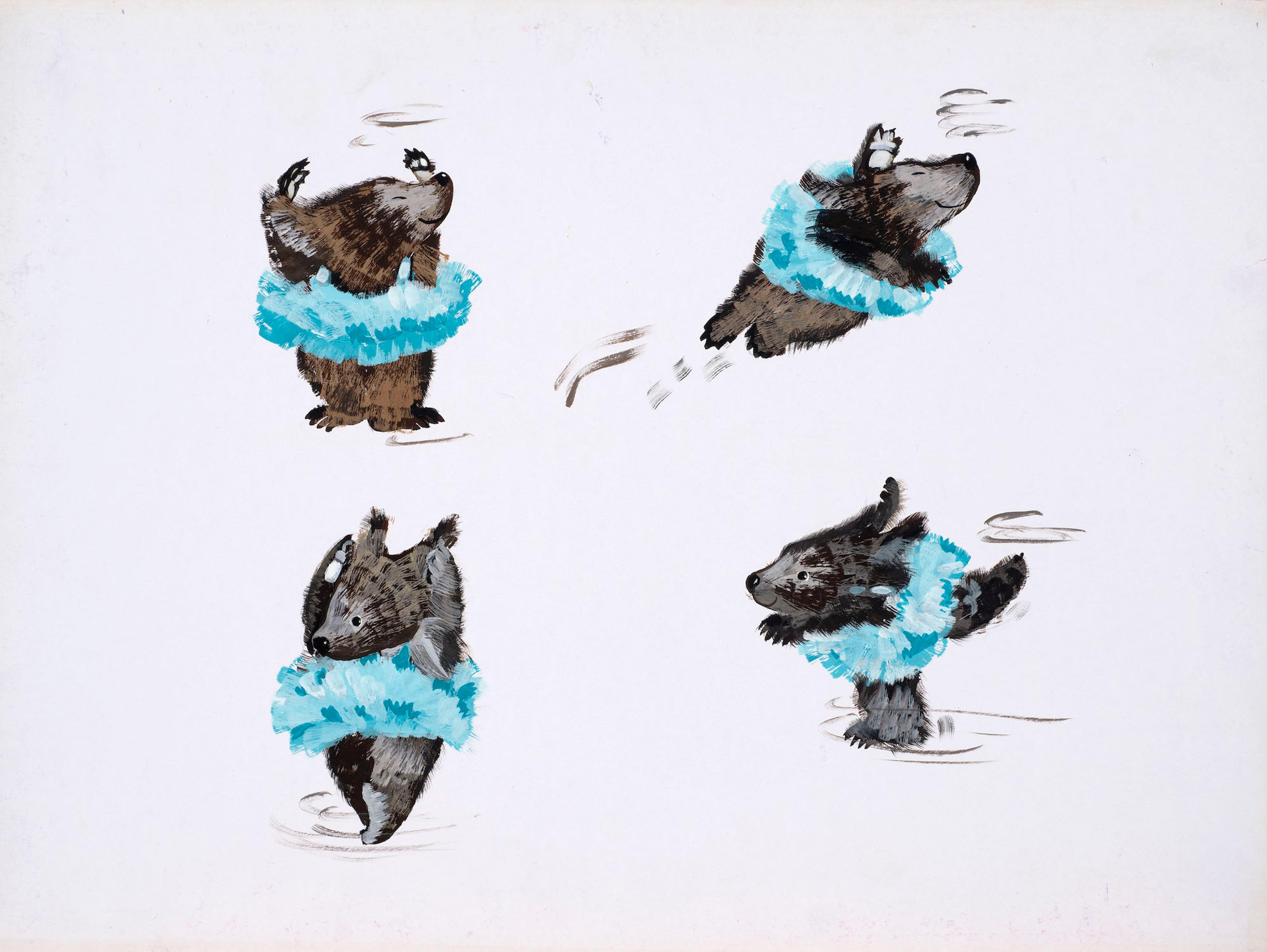 Illustration of a bear dancing in a blue tutu in four scenes