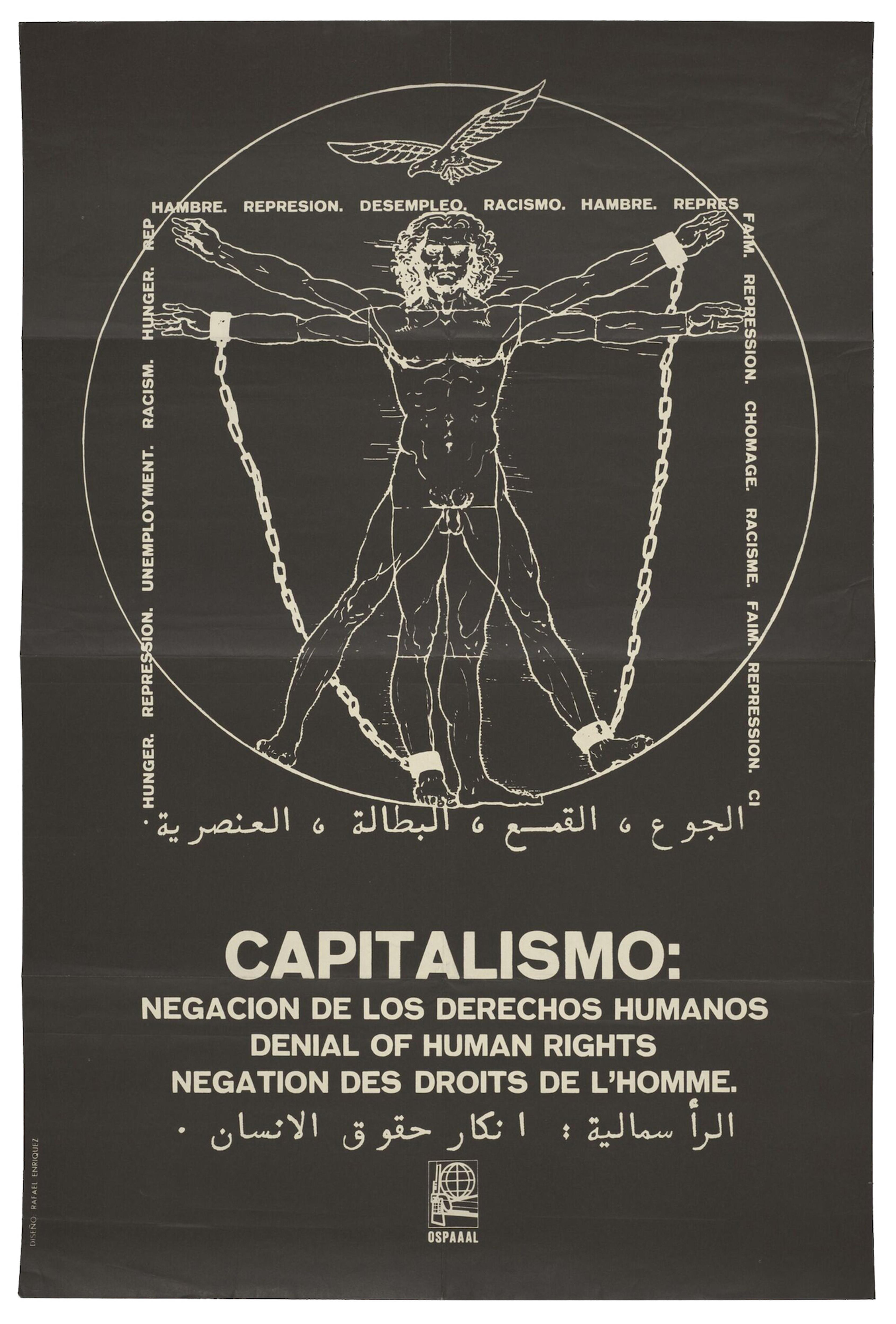 Black and white offset lithograph poster depicting the Vitruvian Man in chains. Lettered around the edge of the body in Spanish, French, English and Arabic with the words 'Hunger, Repression, Unemployment, Racism'.