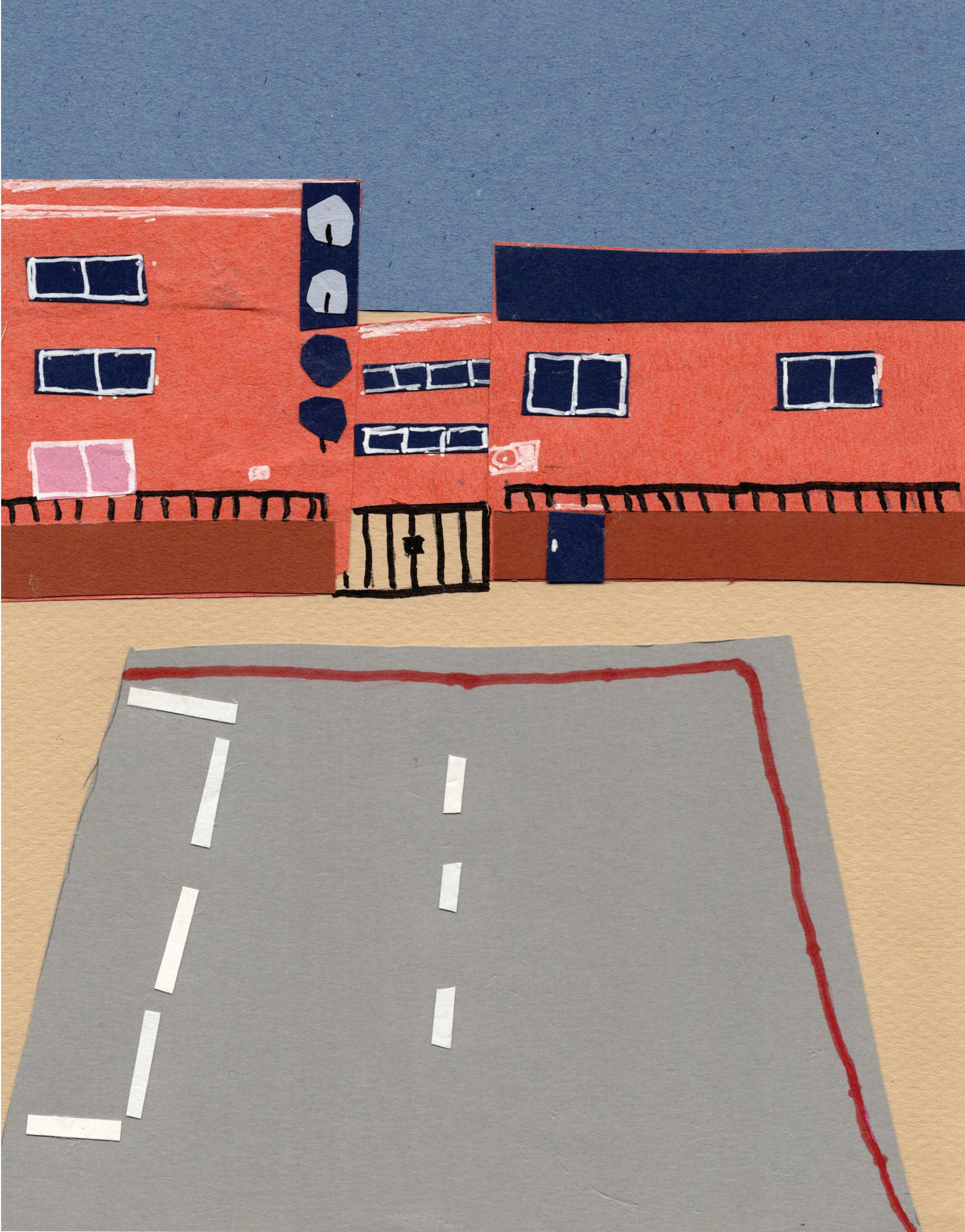 Illustration of a row of buildings behind a gate with a carpark in front