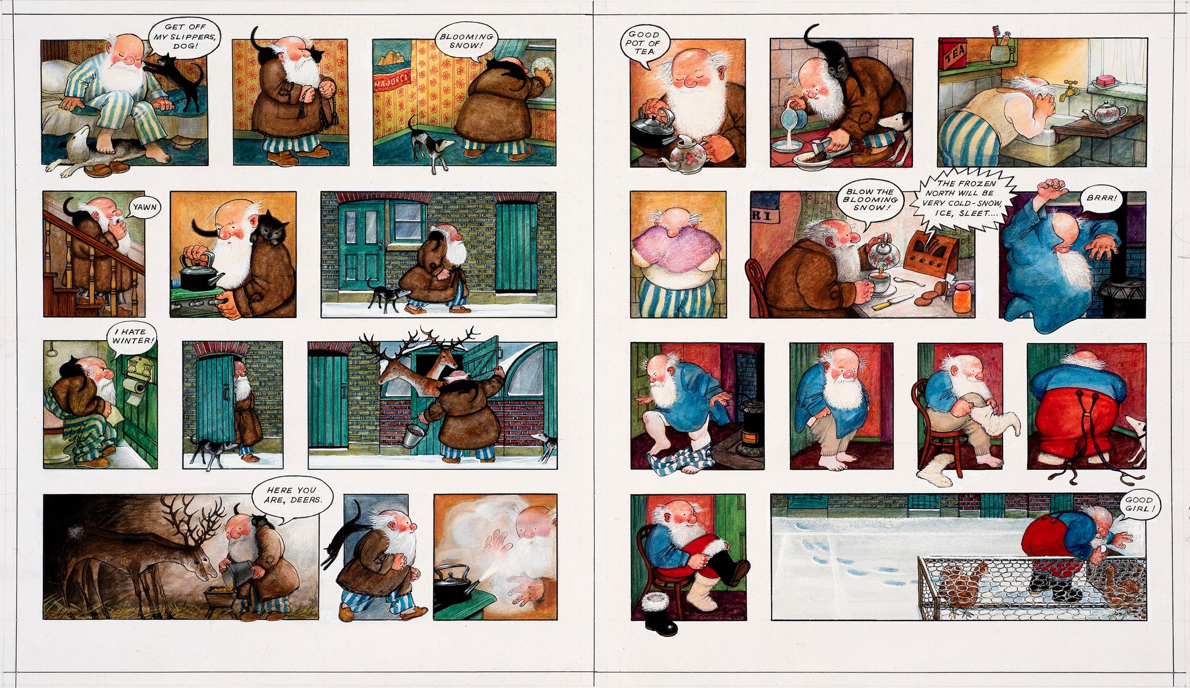Illustration made up of comic-style panels showing Father Christmas getting up, making breakfast and feeding reindeer and chickens