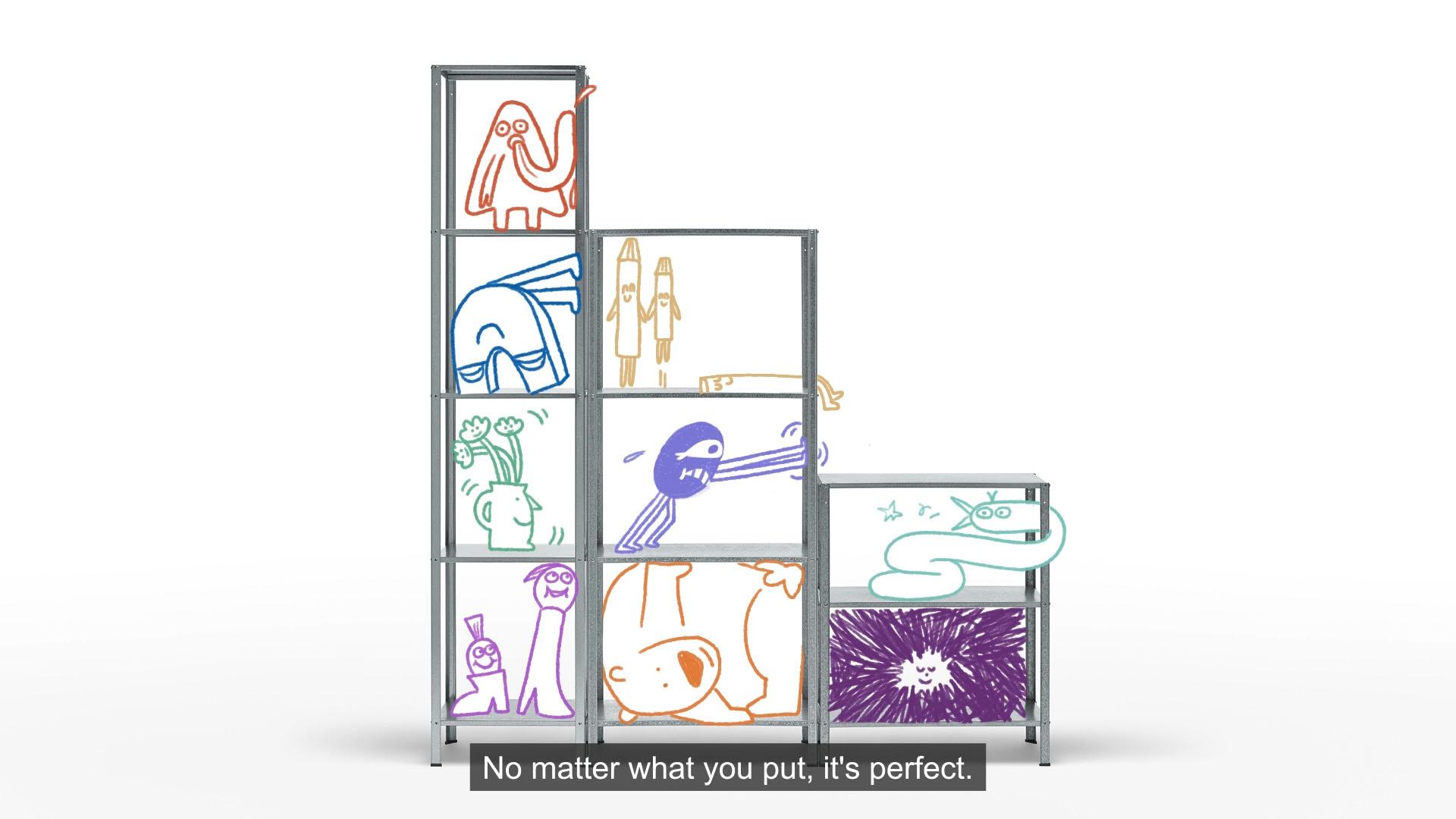 An illustrated still from an animation, showing a set of shelves with different illustrated characters and objects inside.